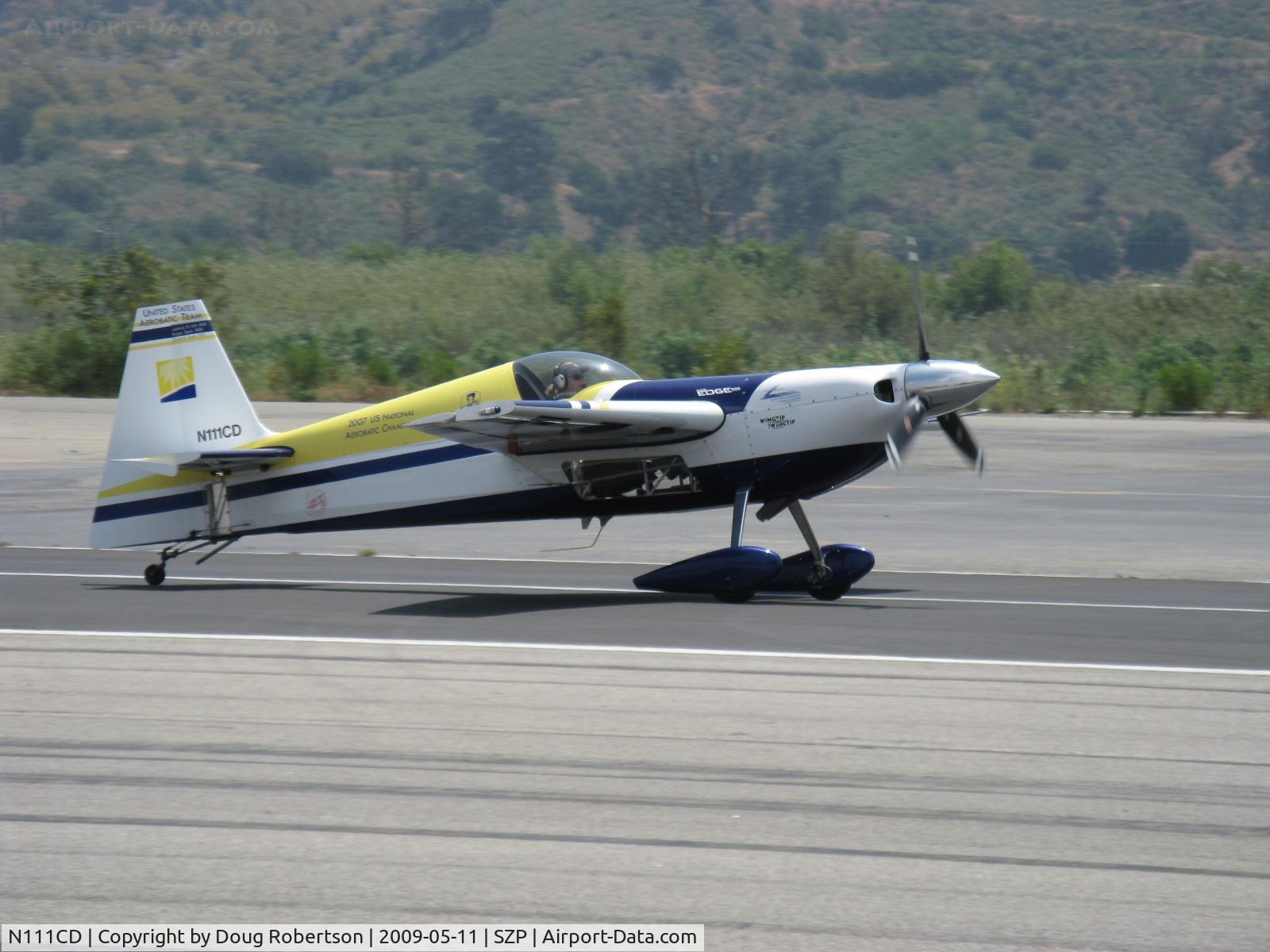 N111CD, 1999 Zivko Edge 540 C/N 0026, 1999 Zivco EDGE 540, Roll rate 420 degrees/second, Lycoming AEIO-540 330 Hp, Vicki Cruse, U.S. Aerobatic Team member & National Aerobatic Champion, U.S. Aerobatic Team-Spain 2005, 2007 USA Unlimited Aerobatic Team World Aerobatic Champion, landing Rwy 22