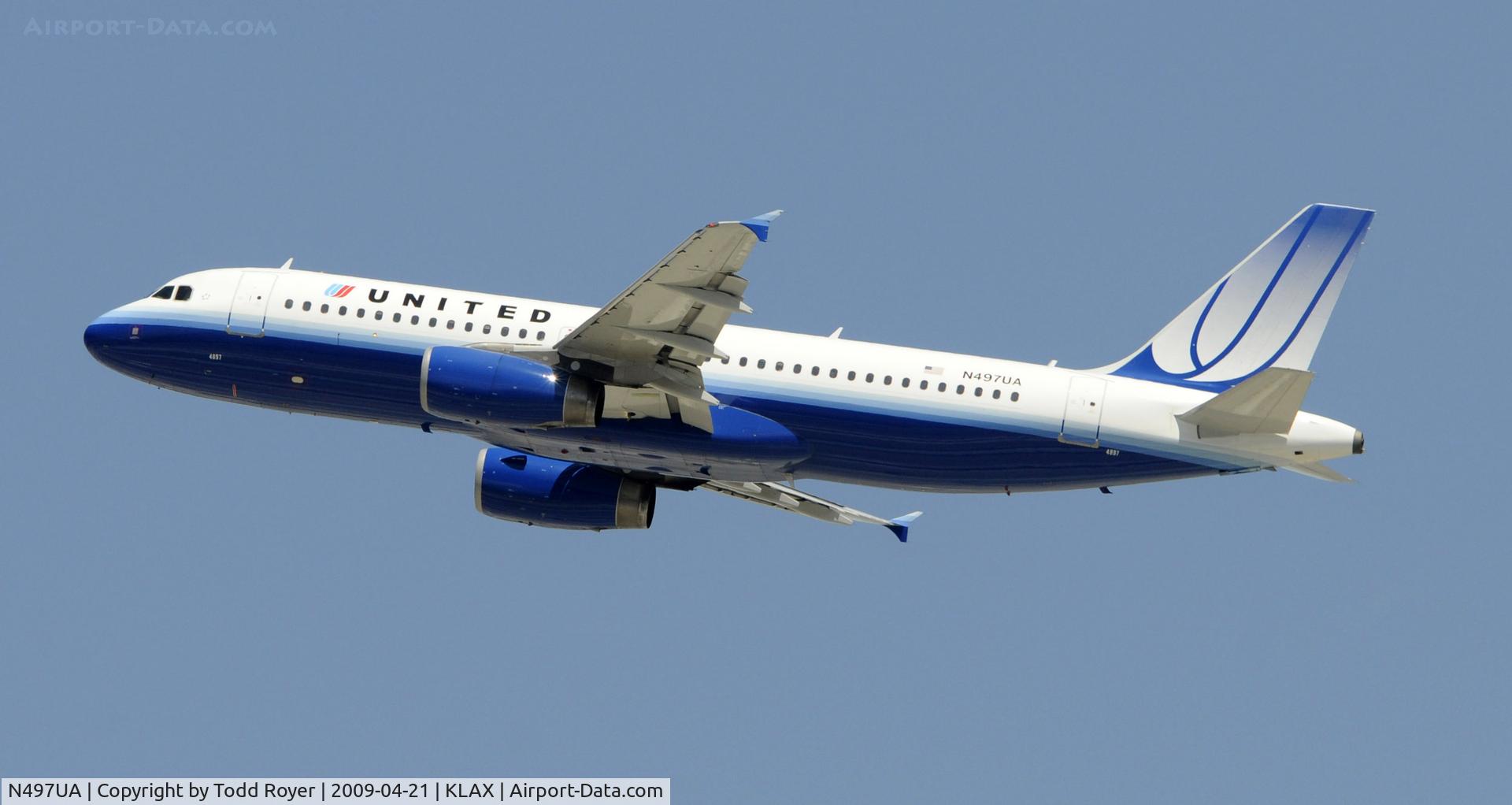 N497UA, 2002 Airbus A320-232 C/N 1847, Departing LAX on 25R
