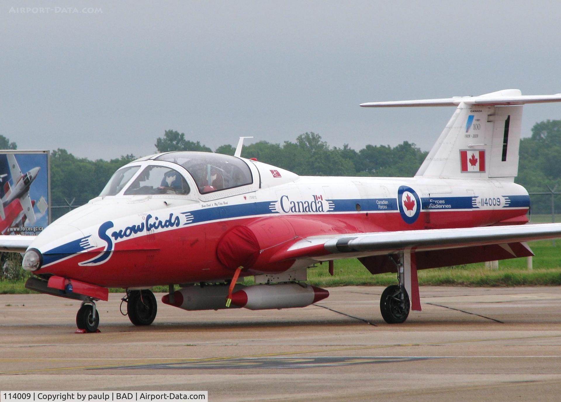 114009, Canadair CT-114 Tutor C/N 1009, Parked in line with the other Snowbirds waiting on the weather to clear up at The Defenders of Liberty Airshow 2009 at Barksdale Air Force Base, Louisiana.