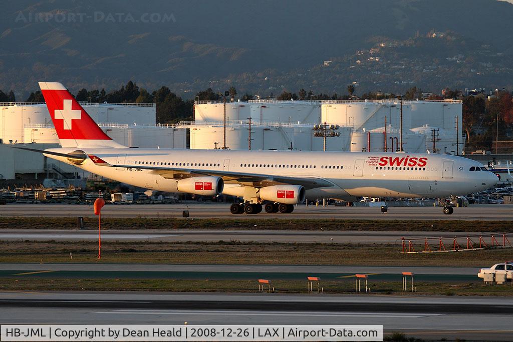 HB-JML, 1999 Airbus A340-313 C/N 263, Swiss International Air Lines HB-JML taxiing to the Tom Bradley International Terminal after arrival on the North Complex.