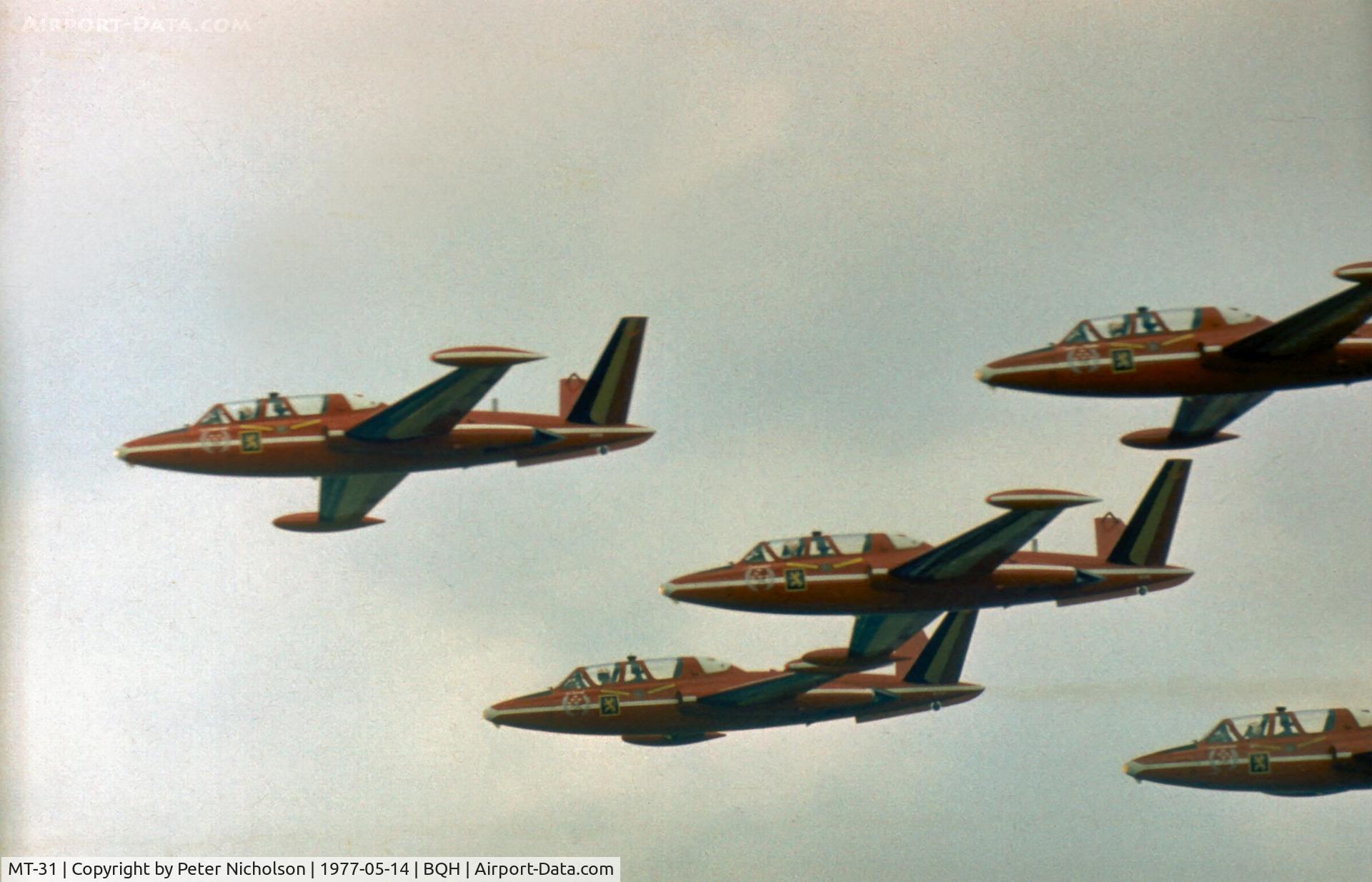 MT-31, Fouga CM-170R Magister C/N 288, Magister MT-31 and others of the Belgian Air Force's display team The Red Devils at the 1977 Biggin Hill Air Fair.