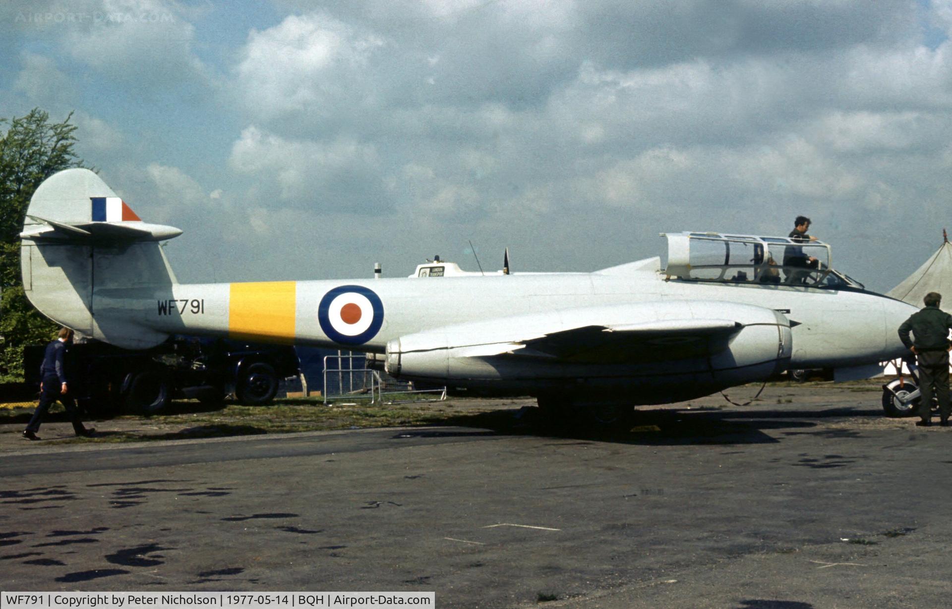 WF791, 1951 Gloster Meteor T.7 C/N 15658, Another view of the Vintage Pair's Meteor T.7 preparing for display at the 1977 Biggin Hill Air Fair.