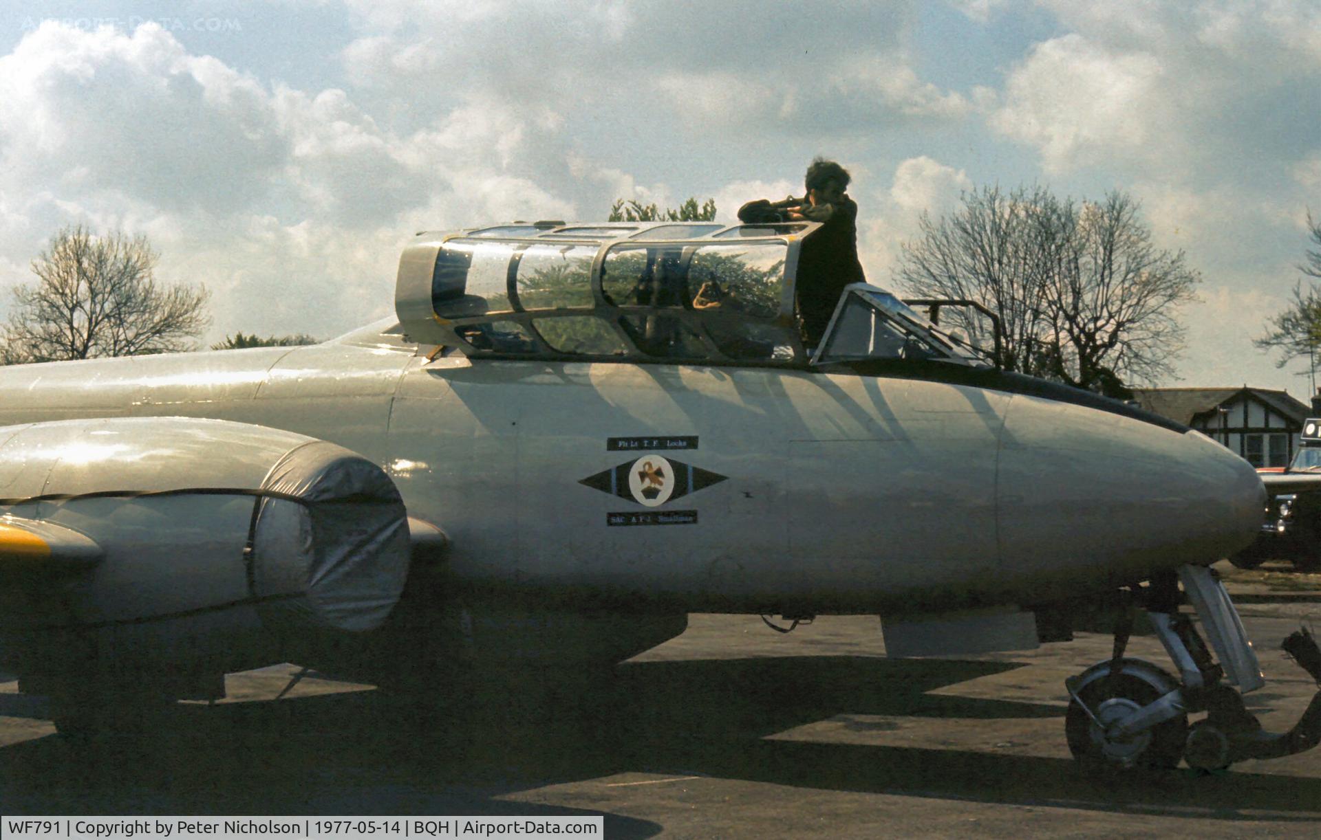 WF791, 1951 Gloster Meteor T.7 C/N 15658, The Meteor T.7 of the Central Flying School's Vintage Pair display team at the 1977 Biggin Hill Air Fair.