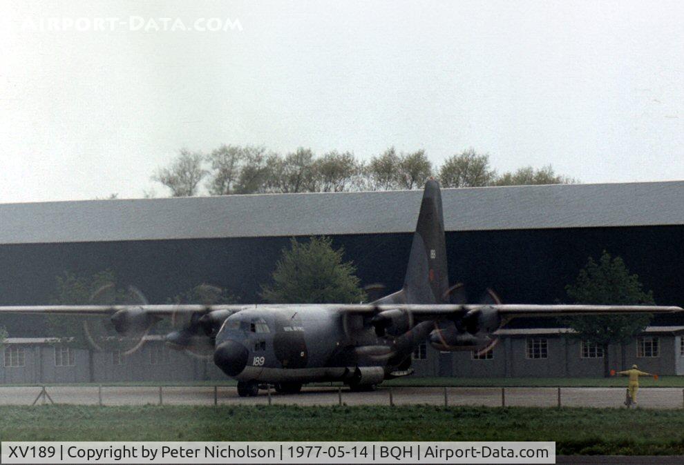 XV189, 1967 Lockheed C-130K Hercules C.1 C/N 382-4207, Hercules C.1 of Lyneham Transport Wing was the support aircraft for the Red Arrows display team at the 1977 Biggin Hill Air Fair.