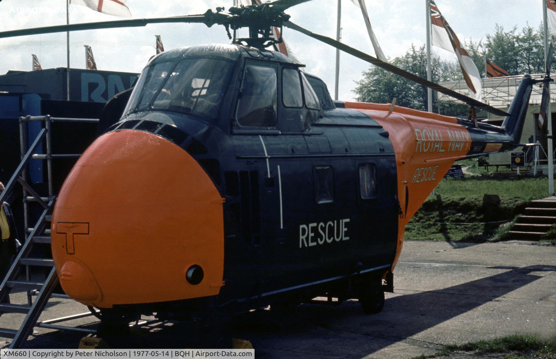 XM660, 1958 Westland Whirlwind HAS.7 C/N WA251, Whirlwind HAS.7 was part of a Royal Navy recruitment display at the 1977 Biggin Hill Air Fair.