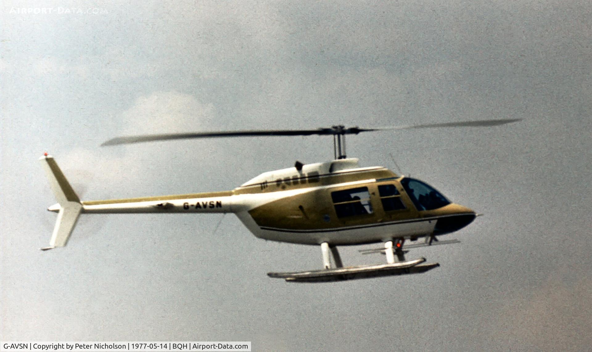 G-AVSN, 1967 Agusta AB-206B JetRanger II C/N 8008, This JetRanger attended the 1977 Biggin Hill Air Fair.