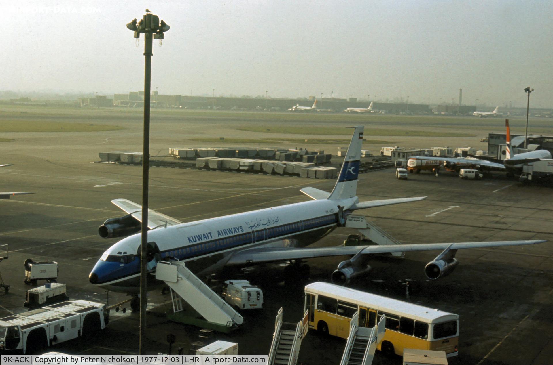 9K-ACK, 1968 Boeing 707-369C C/N 20085, Boeing 707 of Kuwait Airways at the terminal at Heathrow in December 1977.