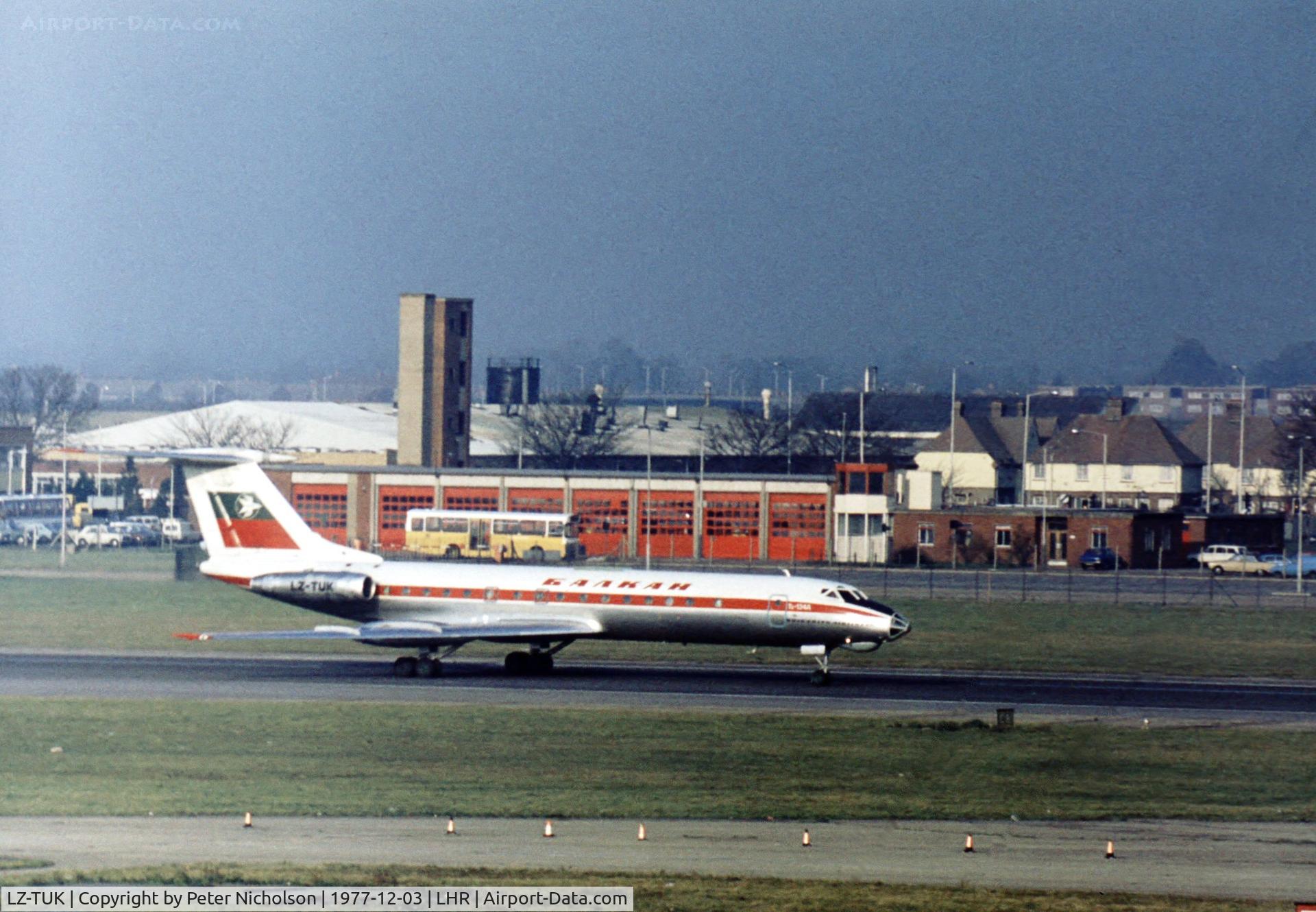 LZ-TUK, 1971 Tupolev Tu-134A C/N 1351209, Balkan Airlines Tu-134A Crusty taxying to the terminal at Heathrow in December 1977.
