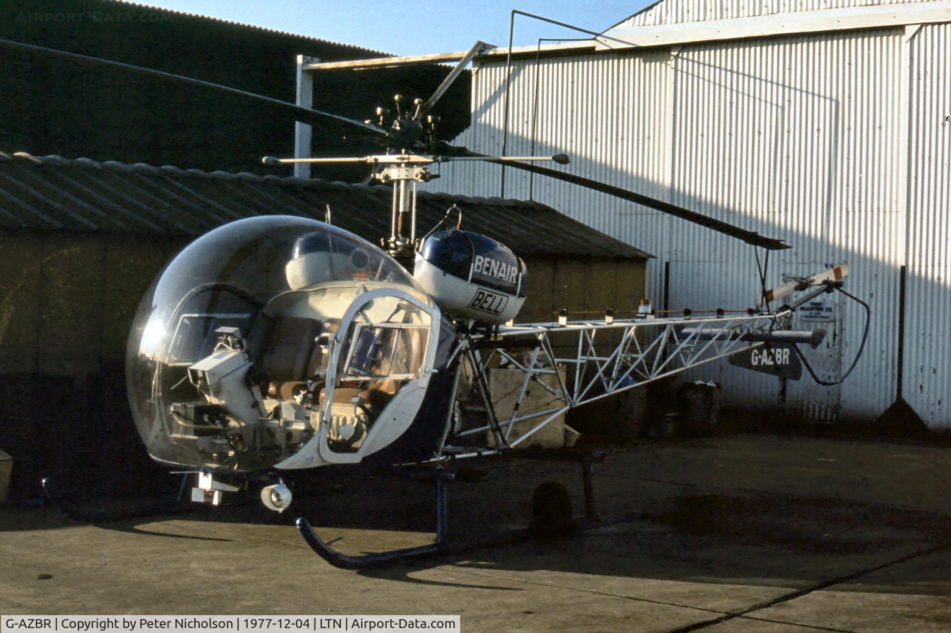 G-AZBR, 1971 Bell 47G-4A C/N 7756, Bell 47G of Benair at Luton in December 1977.