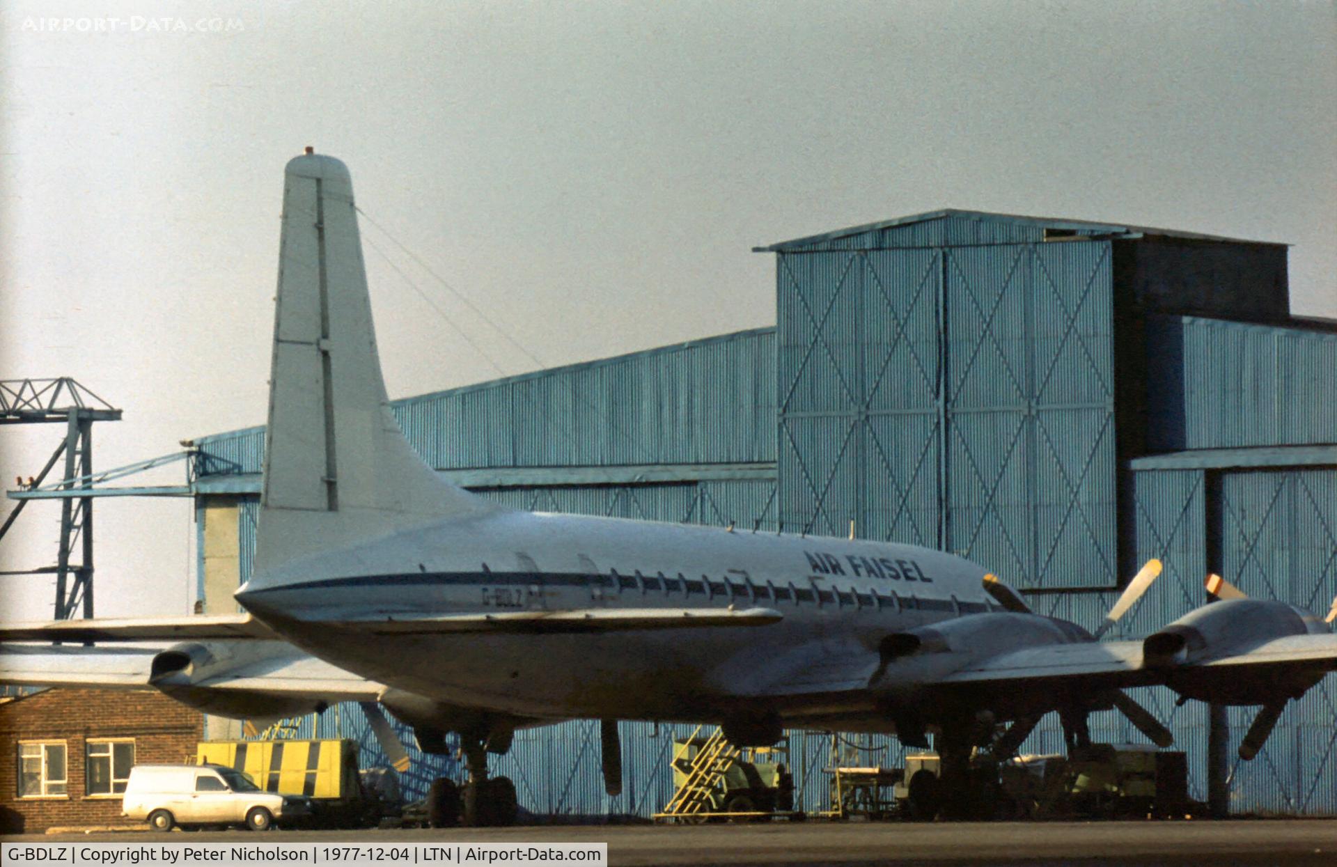 G-BDLZ, 1960 Bristol Britannia C.1 (175 Britannia 253F) C/N 13435, Air Faisel operated this ex RAF Britannia C.1 XM 490 on cargo charter flights between Birmingham and Dubai as seen at Luton in December 1977.