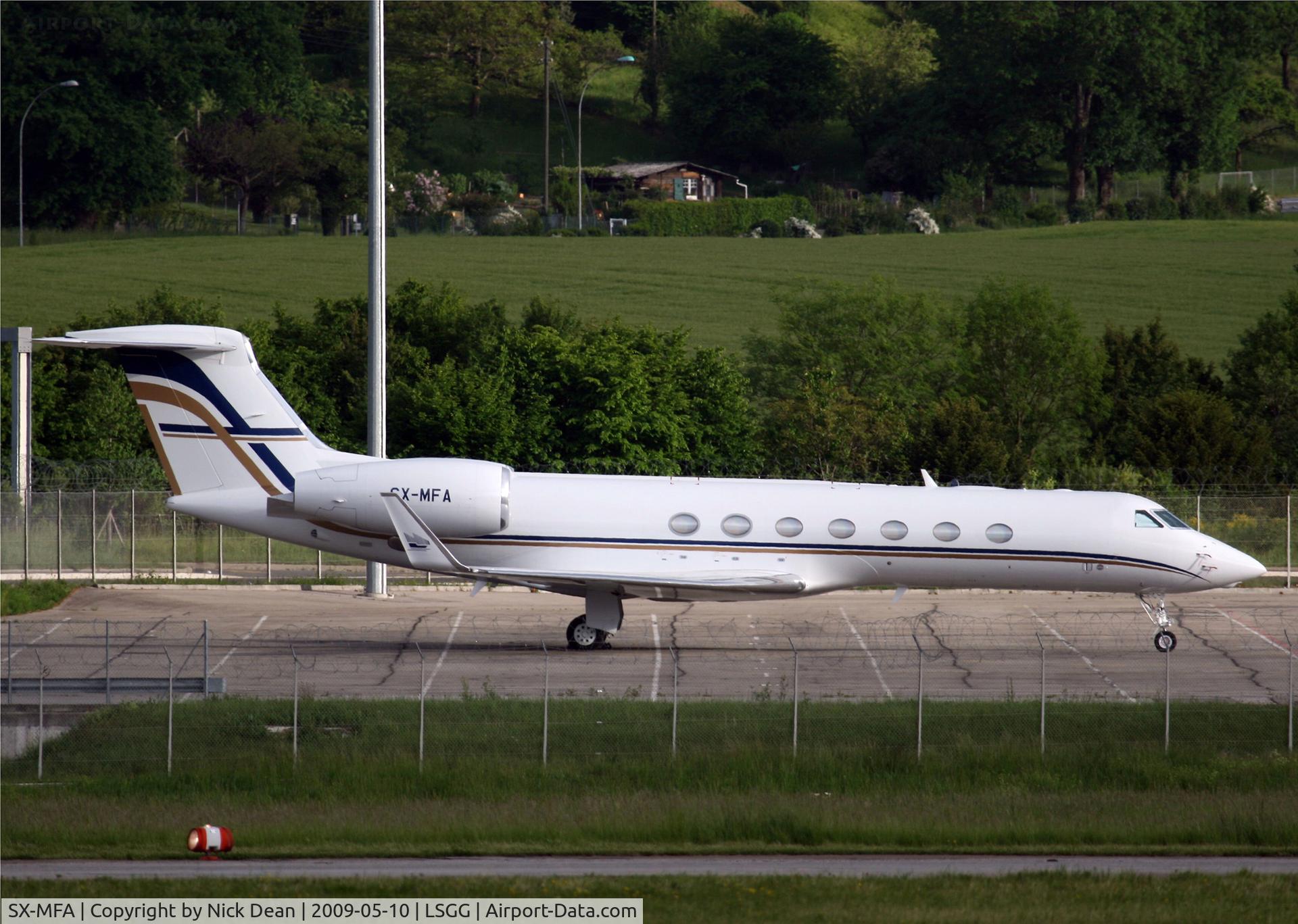 SX-MFA, 2007 Gulfstream Aerospace V-SP G550 C/N 5197, LSGG Parked in parking lot P48 which is across the field from the park on the French side (EBACE 2009)