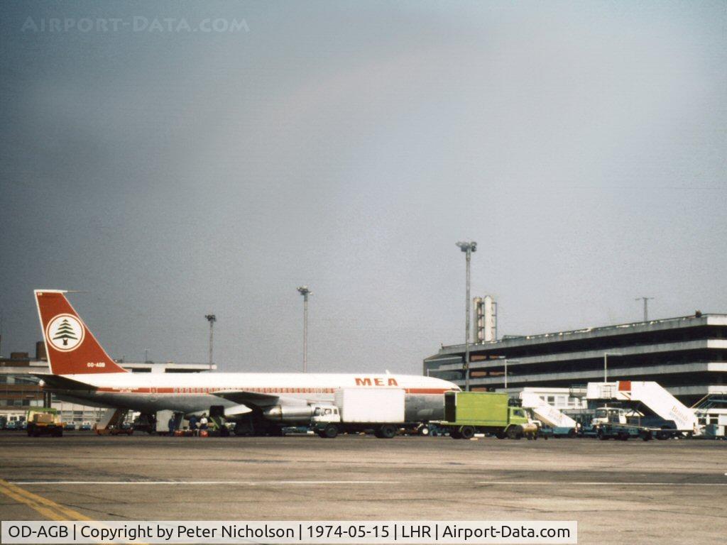 OD-AGB, 1960 Boeing 720-023B C/N 18021, Boeing 720 of Middle East Airlines at Heathrow in May 1974.