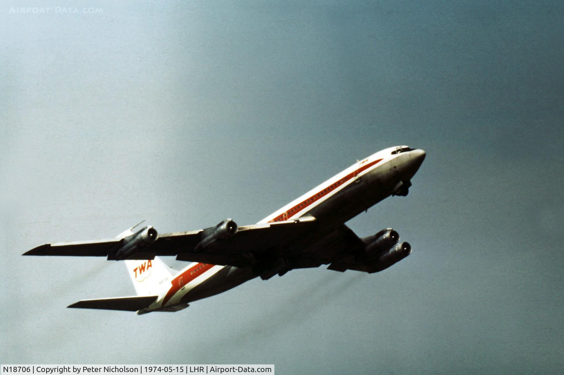N18706, Boeing 707-331B C/N 18982, Boeing 707 of Trans-World Airlines climbing out of Heathrow in May 1974.
