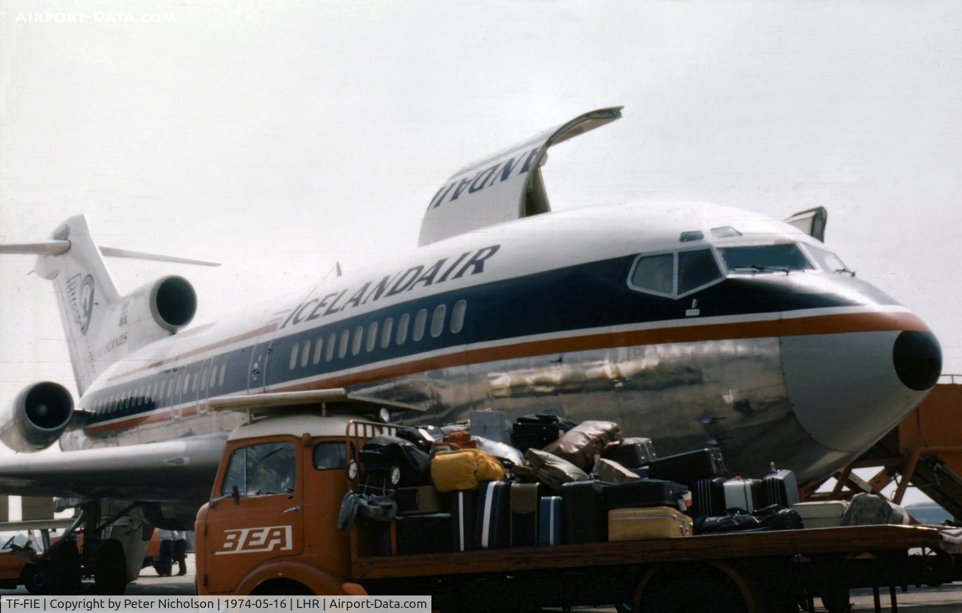 TF-FIE, 1967 Boeing 727-108C C/N 19503, Boeing 727-108C of Icelandair at the terminal at Heathrow in May 1974.
