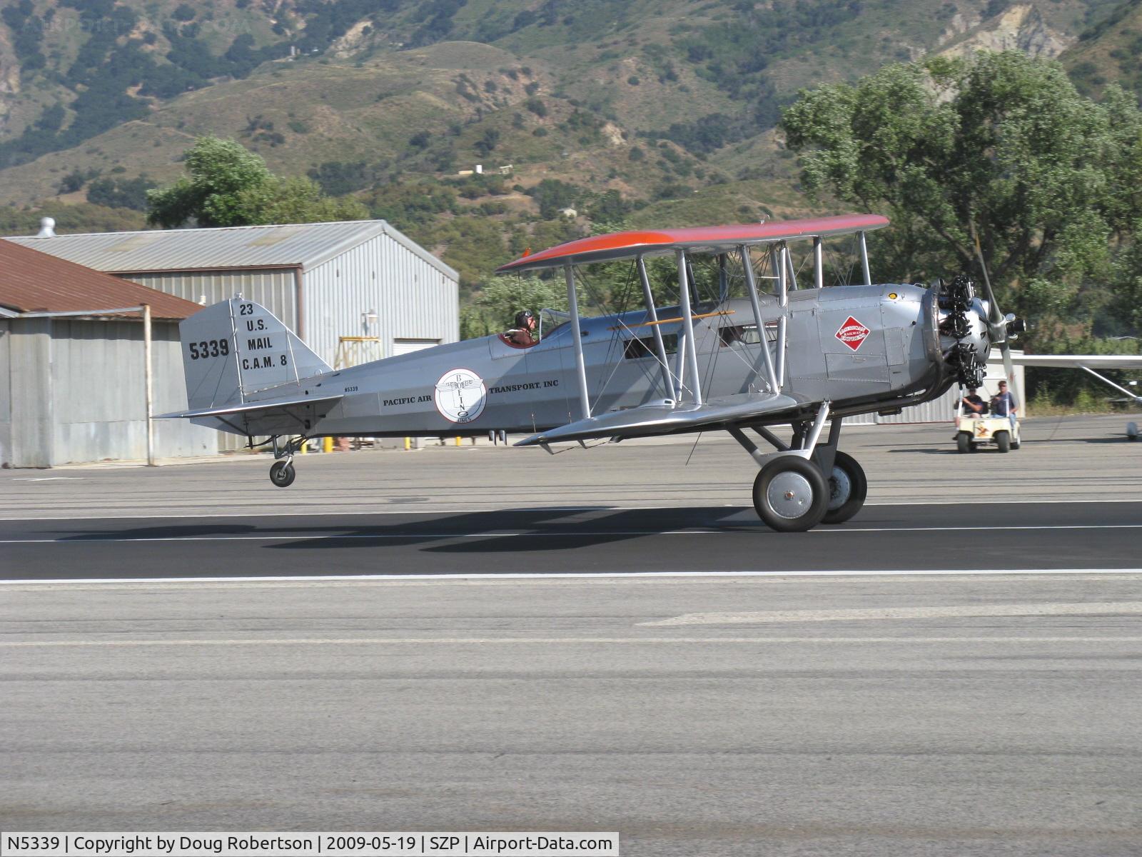 N5339, 1928 Boeing 40C C/N 1043, 1928 Boeing B 40C Airliner, original P&W 420 Hp Wasp replaced by 600 Hp Wasp derated to 525 Hp with CS prop for safe short field ops, landing roll Rwy 22, forward visibilty?