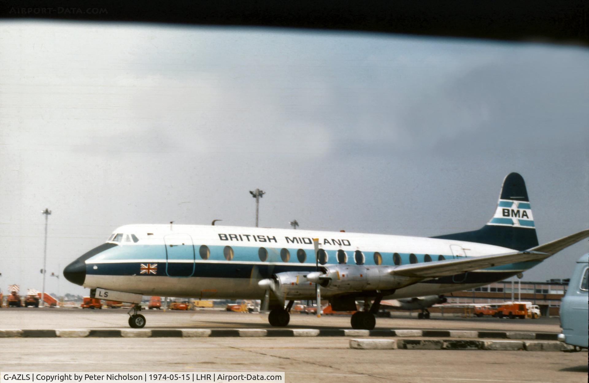 G-AZLS, 1958 Vickers Viscount 813 C/N 348, Viscount 813 of British Midland Airways preparing to taxy at Heathrow in the Spring of 1974.