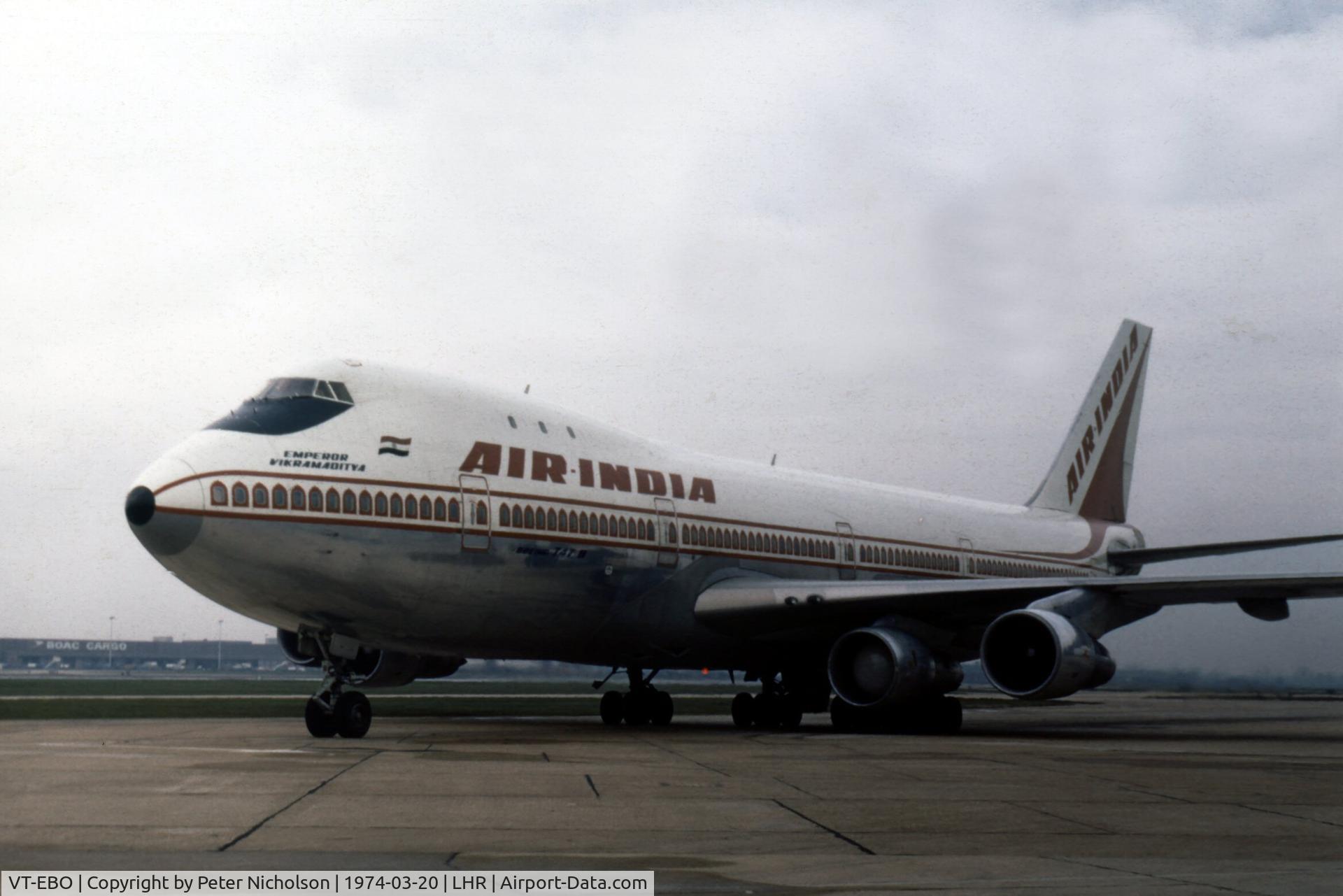 VT-EBO, 1972 Boeing 747-237B C/N 20558, Boeing 747 named Emperor Vikramaditya of Air India taxying to the terminal at Heathrow in the Spring of 1974.