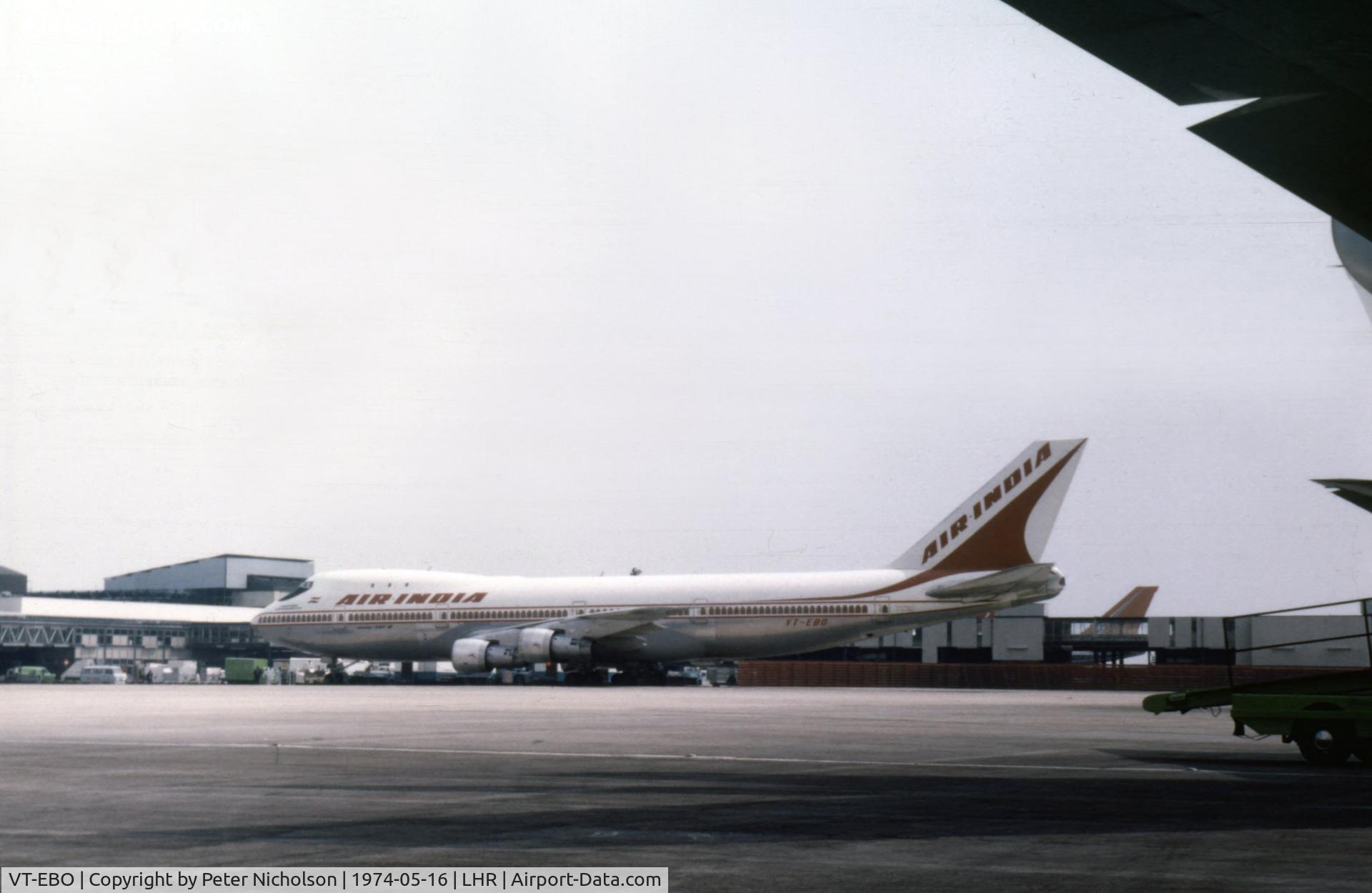 VT-EBO, 1972 Boeing 747-237B C/N 20558, Air India 747-237B at its parking stand at Heathrow in May 1974.