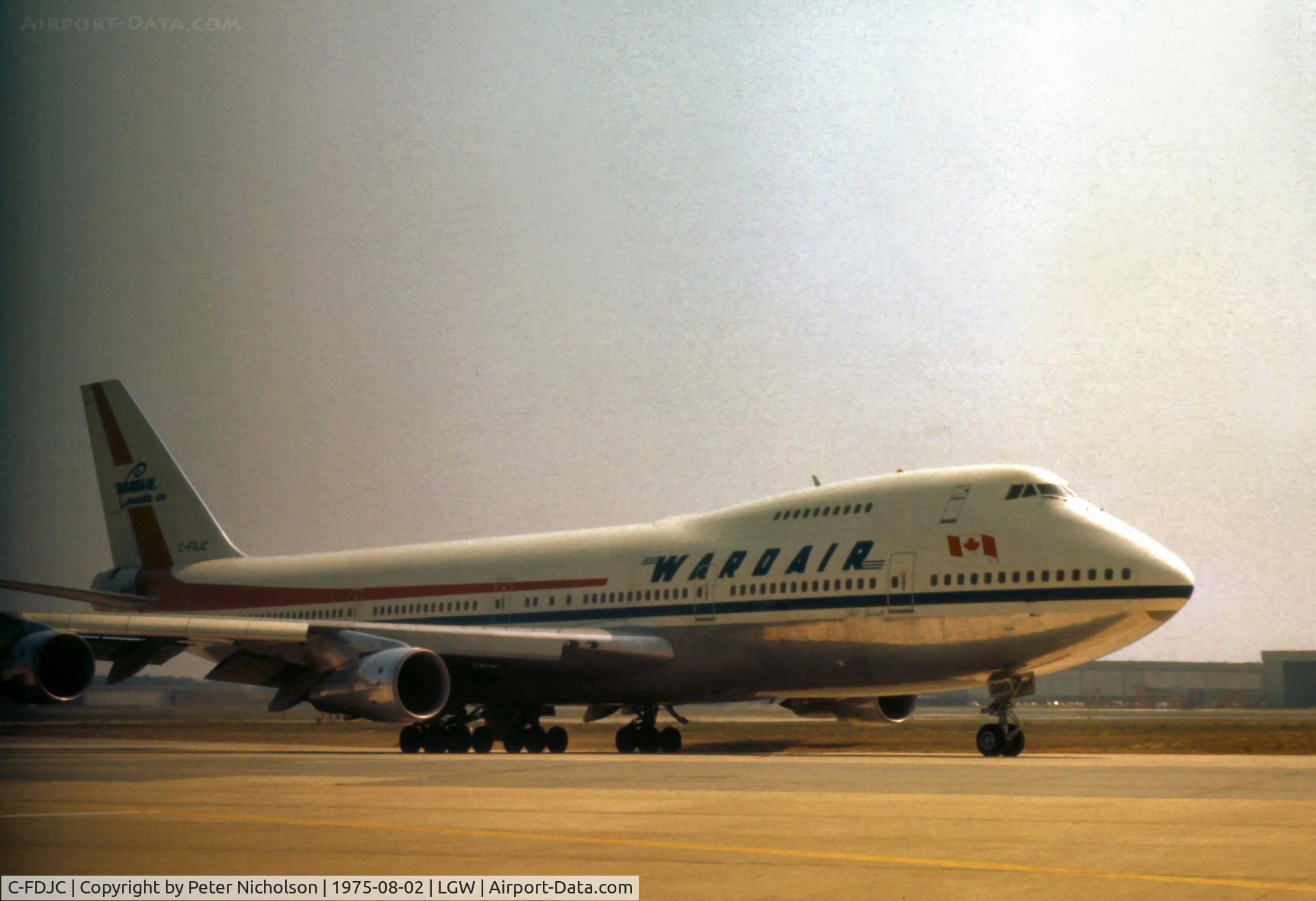 C-FDJC, 1971 Boeing 747-1D1 C/N 20208, Boeing 747 of Wardair Canada taxying for departure at Gatwick in the Summer of 1975.