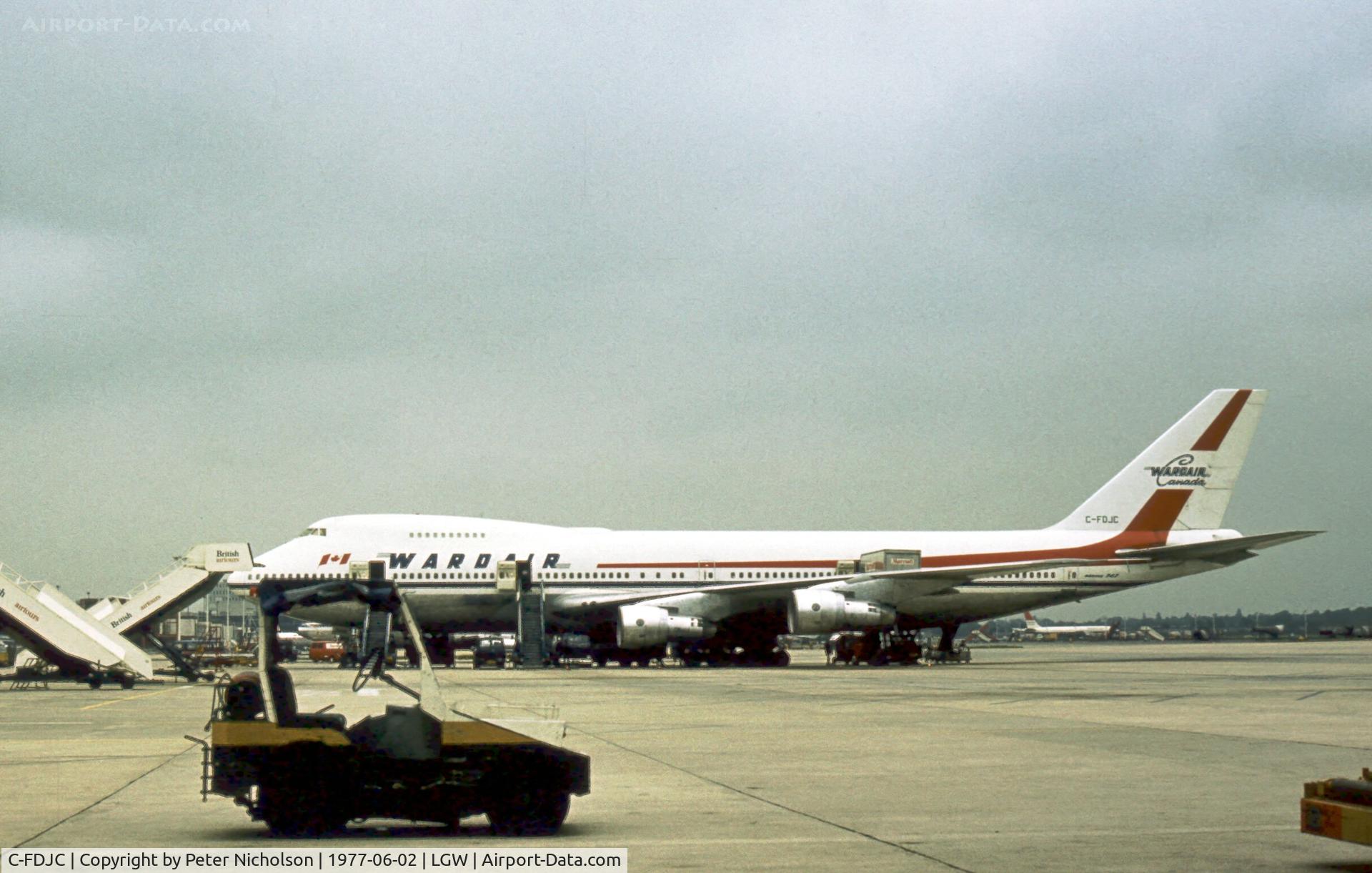 C-FDJC, 1971 Boeing 747-1D1 C/N 20208, Boeing 747-1D1 of Wardair Canada at the terminal at Gatwick in the Summer of 1977.