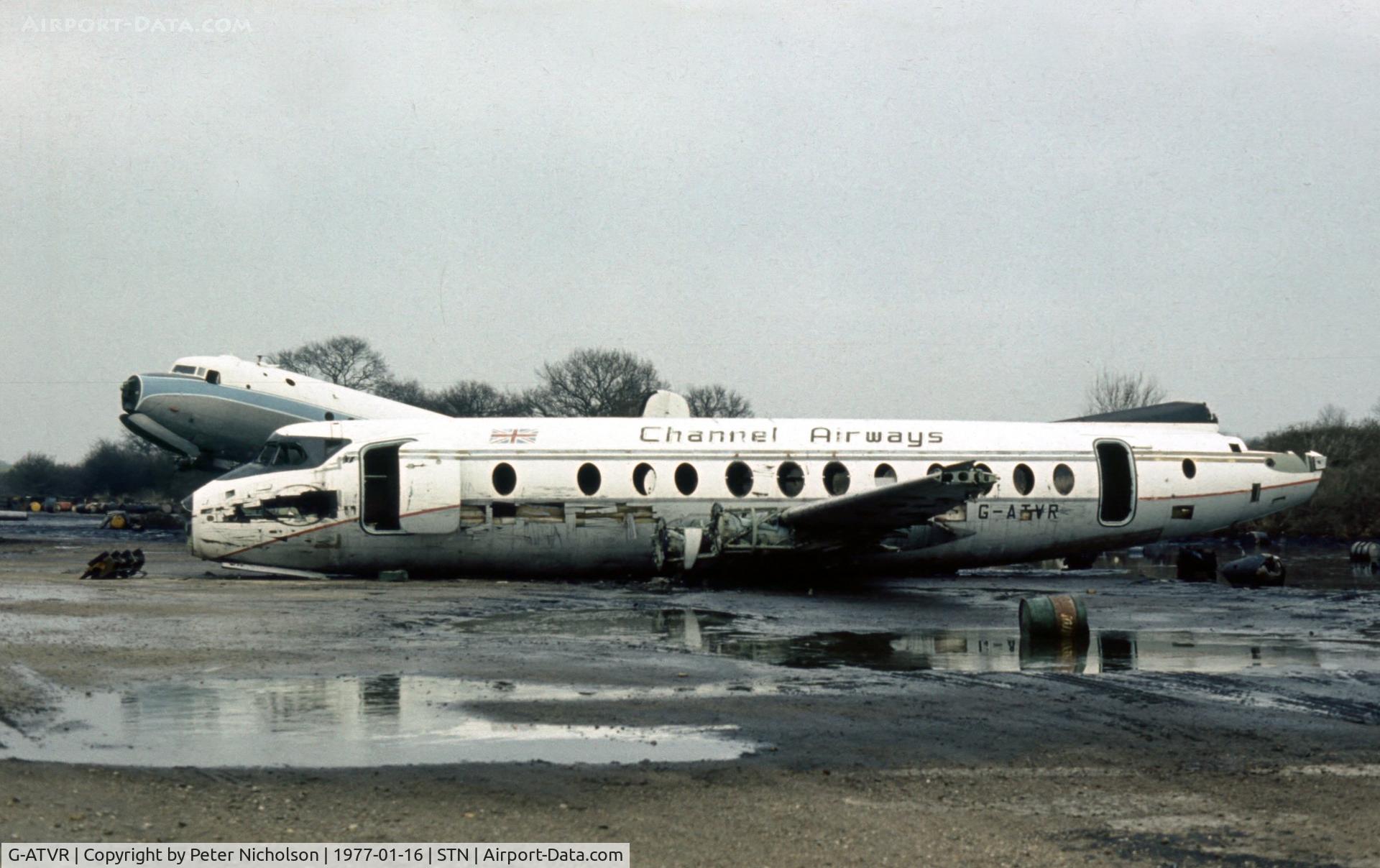 G-ATVR, 1958 Vickers Viscount 812 C/N 365, Viscount of Channel Airways in the Civil Aviation Authority Fire Service School compound at Stansted in January 1977.