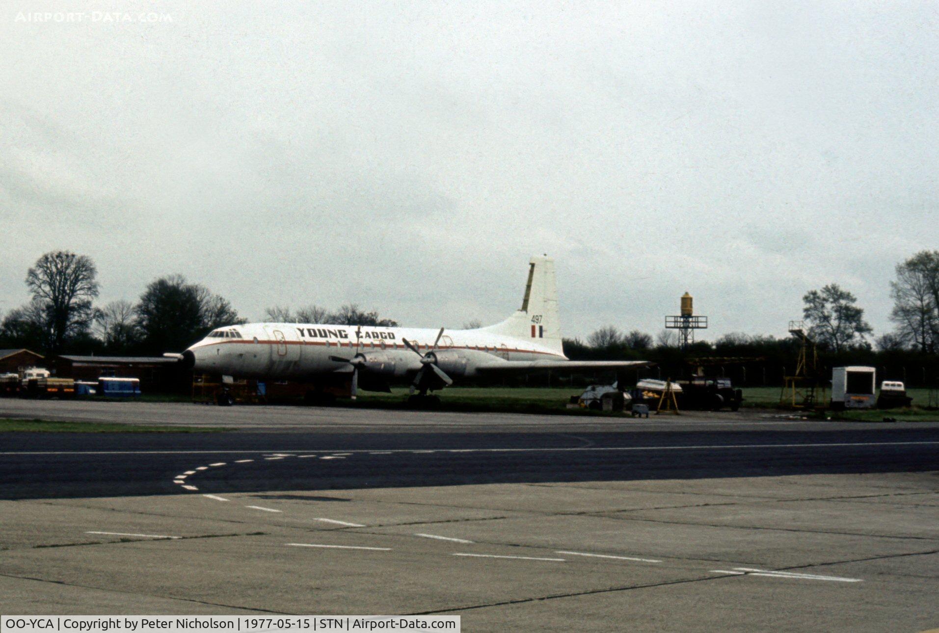 OO-YCA, 1959 Bristol Britannia C.1 (175 Britannia 253F) C/N 13397, Ex RAF Britannia C.1 operated by Young Air Cargo seen at Stansted in May 1977.