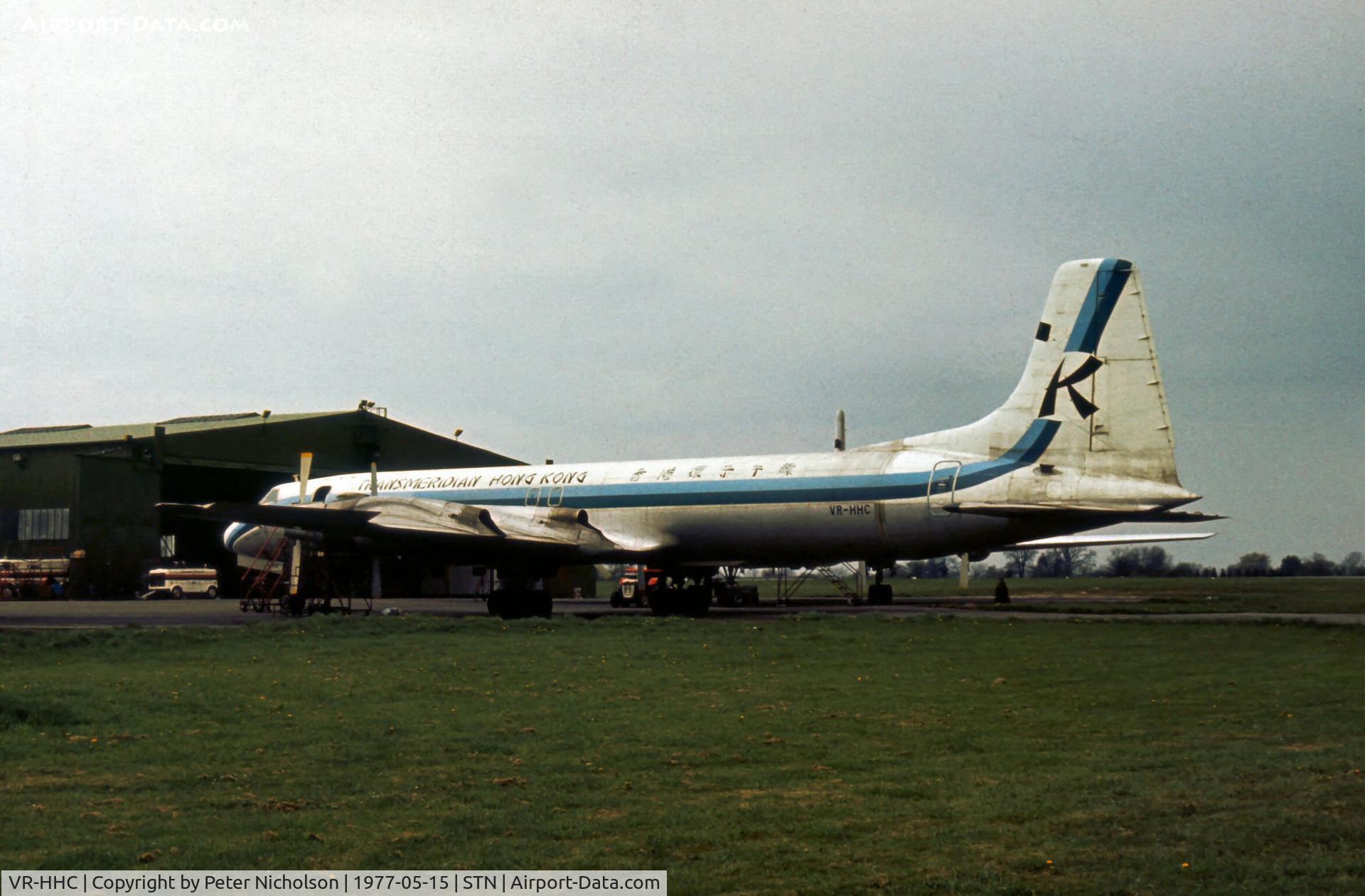 VR-HHC, 1962 Canadair CL-44D4 C/N 17, CL-44D4 operated jointly by Transmeridian Hong Kong and Transmeridian Air Cargo and seen at their Stansted base in May 1977.