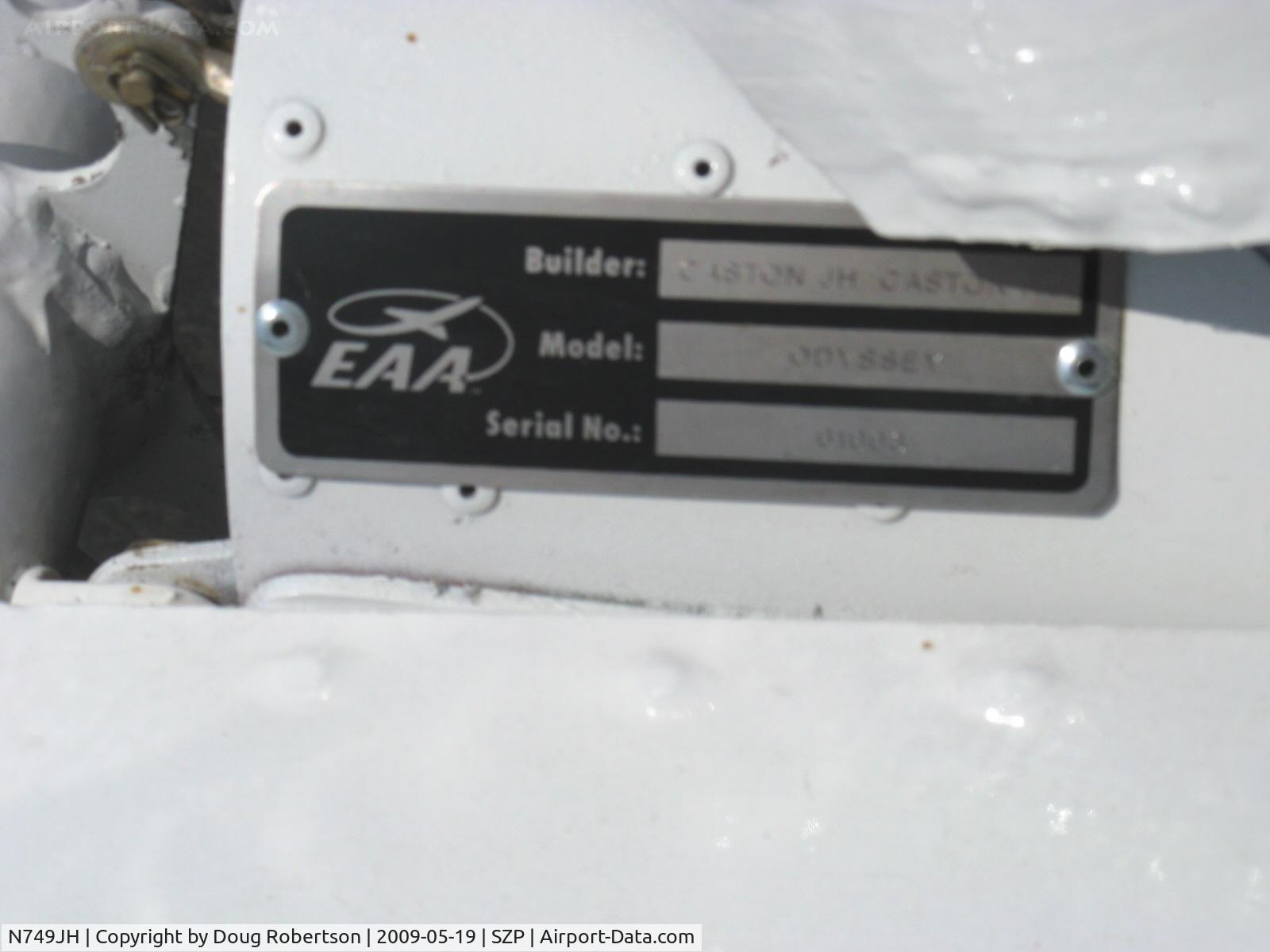 N749JH, 2008 Earthstar Odyssey C/N 61008, 2008 Caston/Caston Earthstar ODYSSEY, HKS 700E two cylinder four stroke 60 Hp pusher, Ultralight Experimental class, two place side-by-side, builder plate