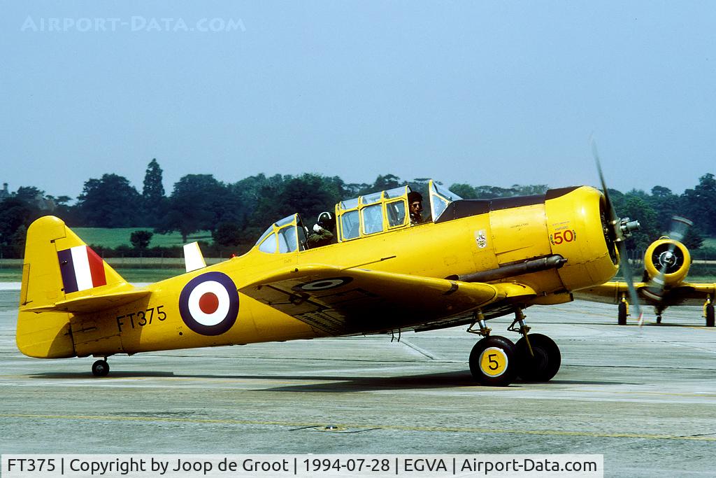 FT375, 1943 Noorduyn AT-16 Harvard IIB C/N 14A-1415, During the nineties the RAF still operated some Harvards. Here FT375 and KF183 arrive for the 1994 IAT, both sporting 50 years Harvard markings.