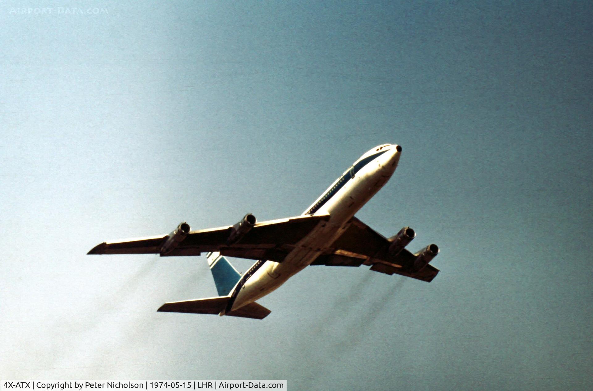 4X-ATX, 1969 Boeing 707-358C C/N 20122/807, Boeing 707-358C of El Al departing Heathrow in the Spring of 1974.