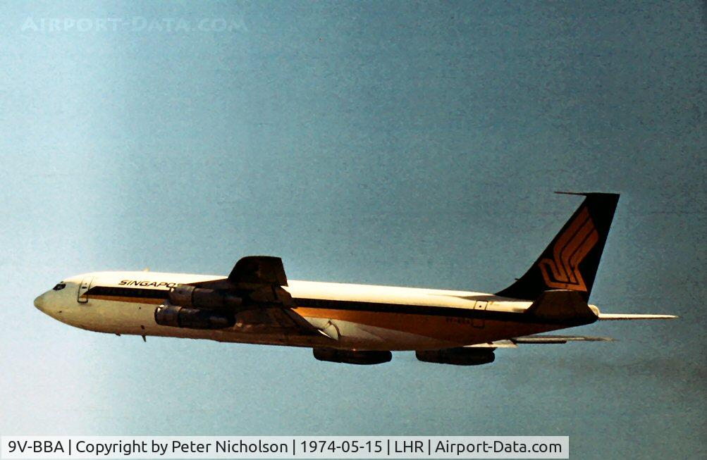 9V-BBA, 1968 Boeing 707-312B C/N 19737, Boeing 707-312B of Singapore Airlines departing Heathrow in the Spring of 1974.