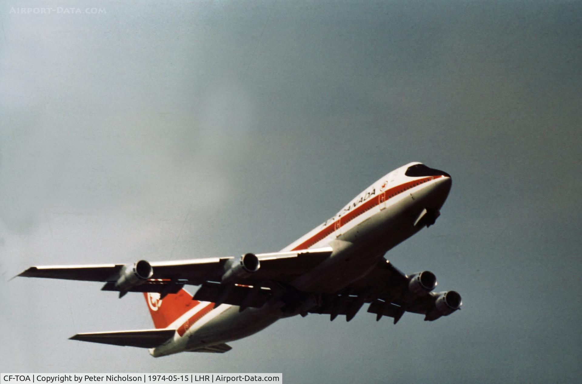 CF-TOA, 1971 Boeing 747-133 C/N 20013, Air Canada 747 as CF-TOA climbing out of Heathrow in the Spring of 1974.