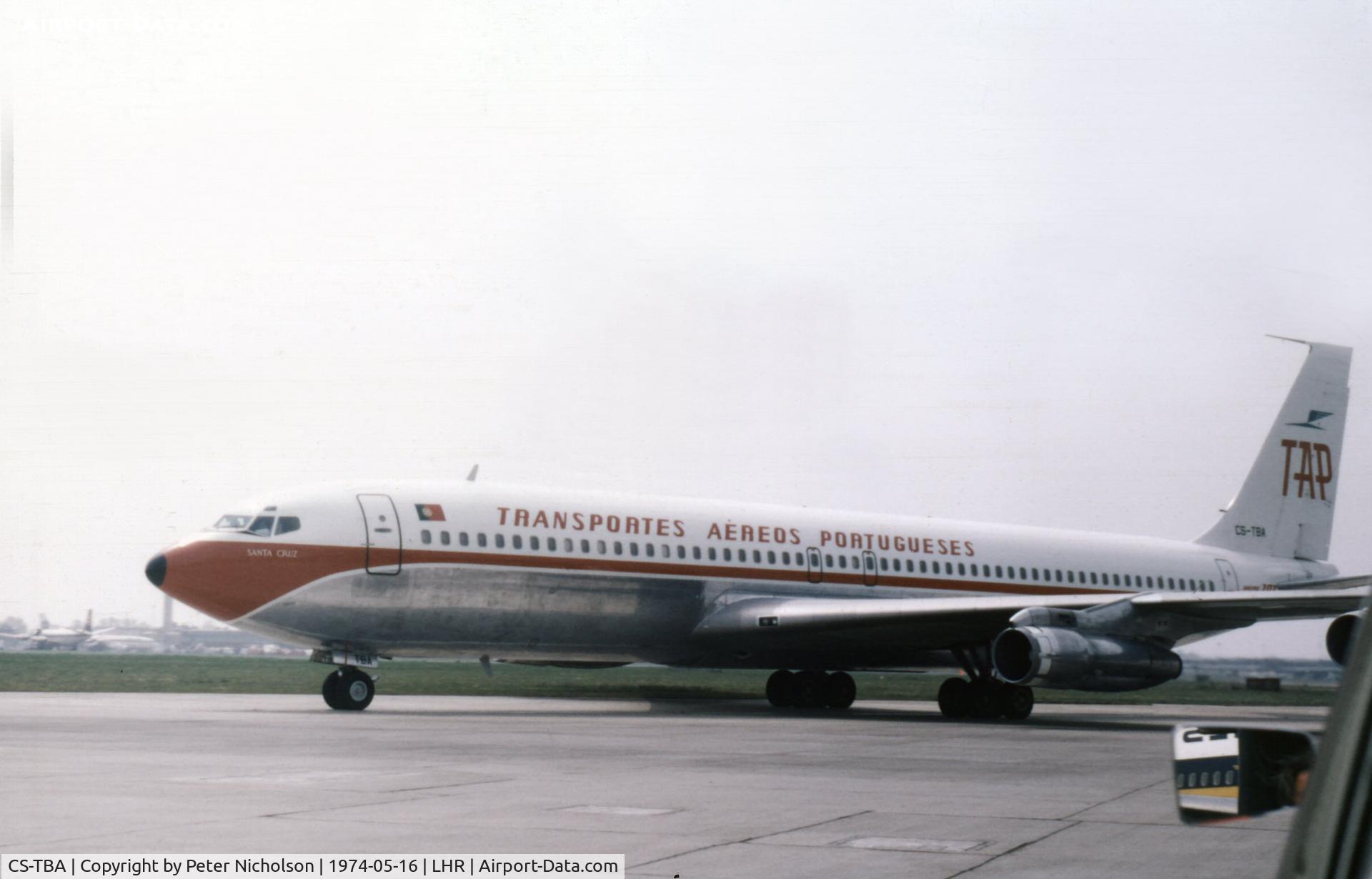 CS-TBA, 1965 Boeing 707-382B (TC-18F) C/N 18961, Boeing 707-382B of TAP Portugal taxying to the terminal at Heathrow in the Spring of 1974.