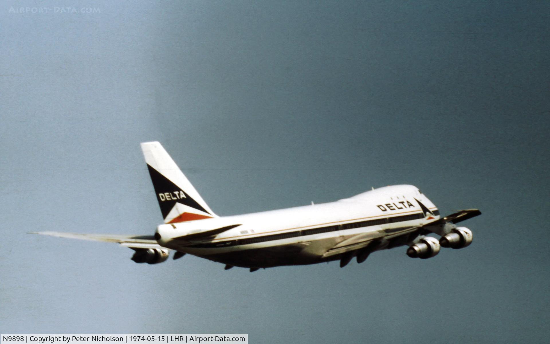 N9898, 1970 Boeing 747-132 C/N 19898, Delta Air Lines Boeing 747-132 departing Heathrow in the Spring of 1974.