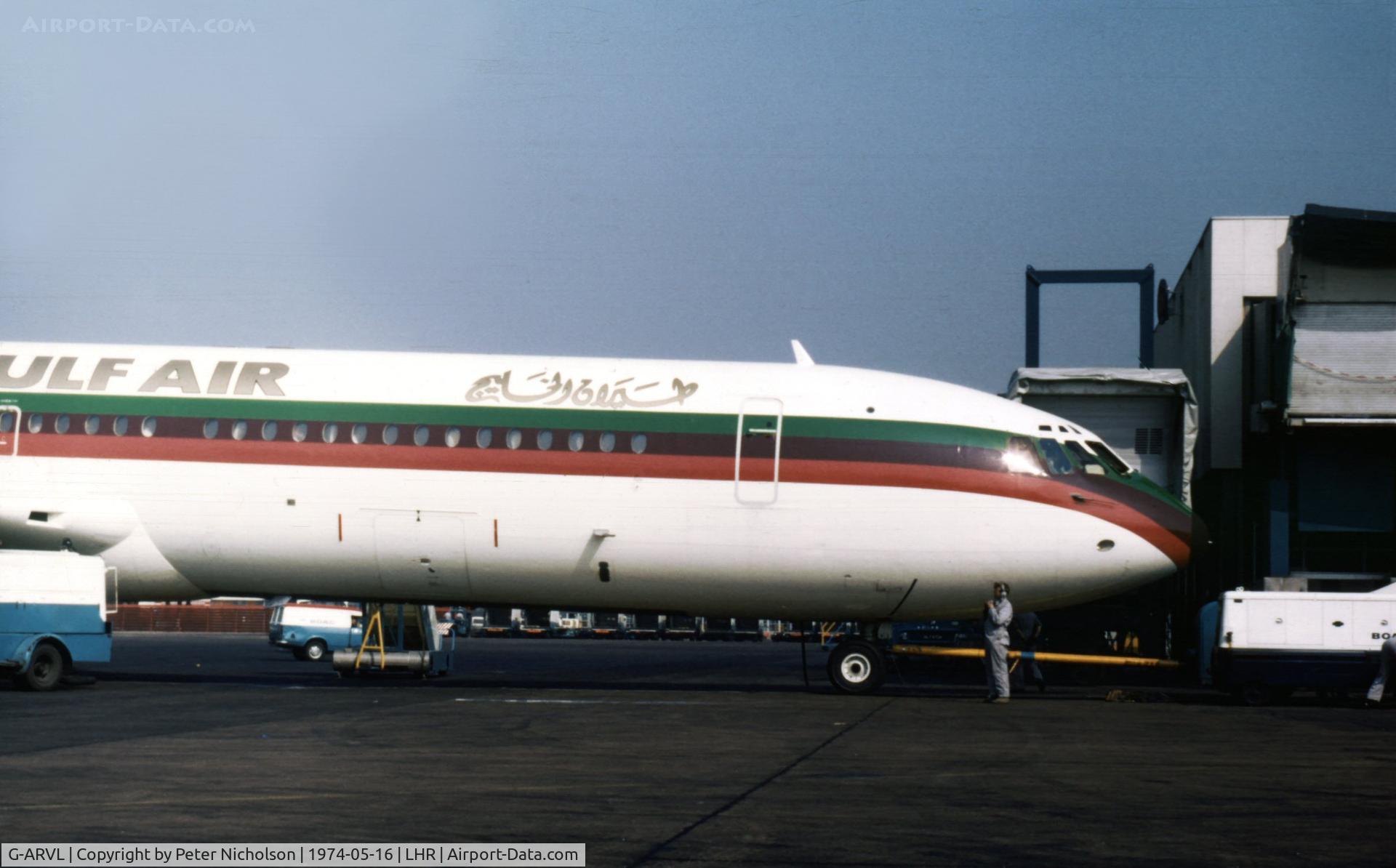 G-ARVL, 1964 Vickers VC10 Srs 1101 C/N 814, VC-10 of Gulf Air at the terminal at Heathrow in the Spring of 1974.