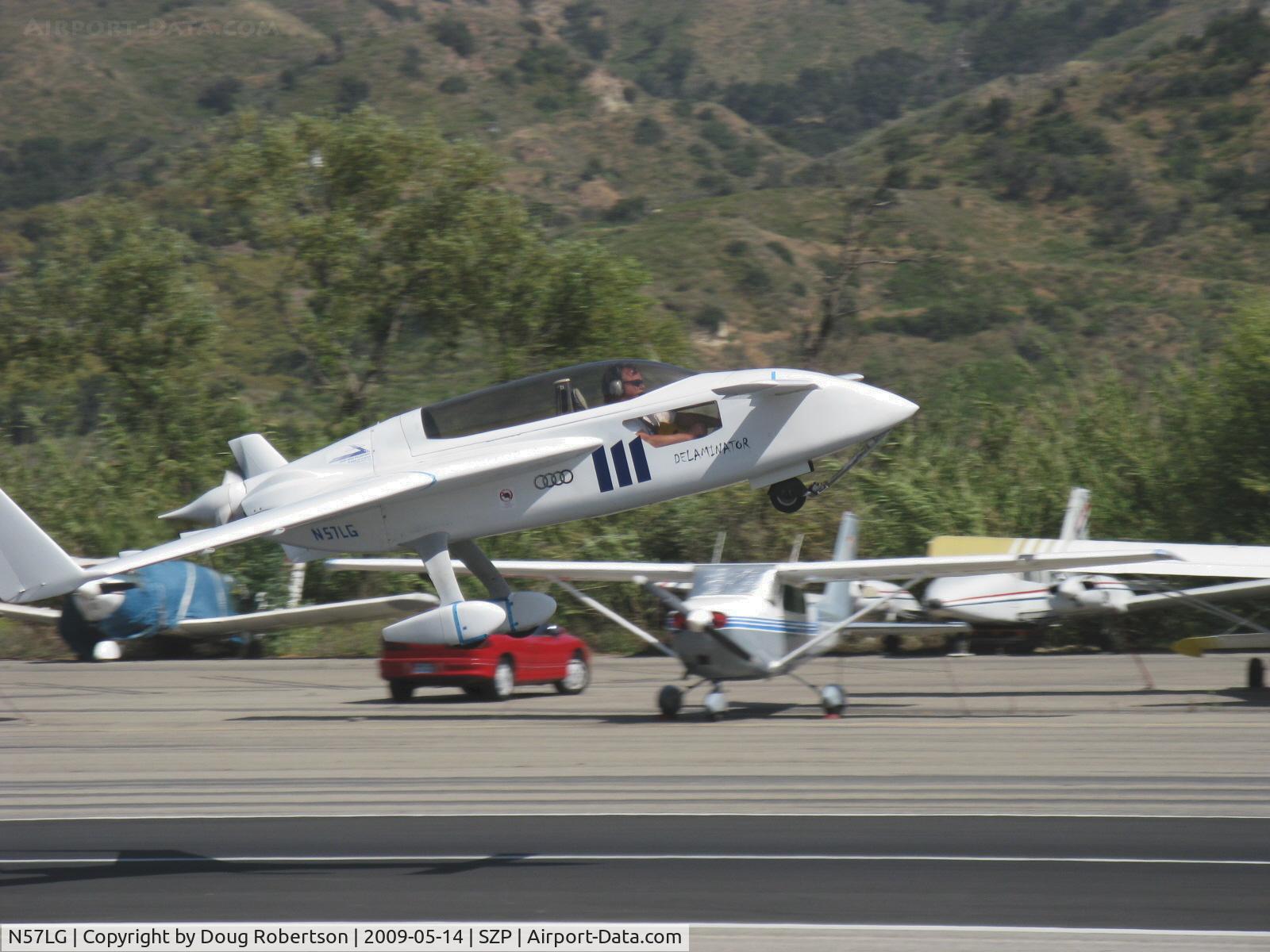 N57LG, 1983 Rutan VariEze C/N 57Z, 1983 Godsey/Savier VARI-EZE 'Delaminator III', Continental O-200 100+ Hp, Light Speed Eng. ignition, Takeoff climb Rwy 22, Holder of FAI Class C-1.A world records: 1,000 km at 203.67 mph; 2,000 km at 200.12 mph. Many speed mods.