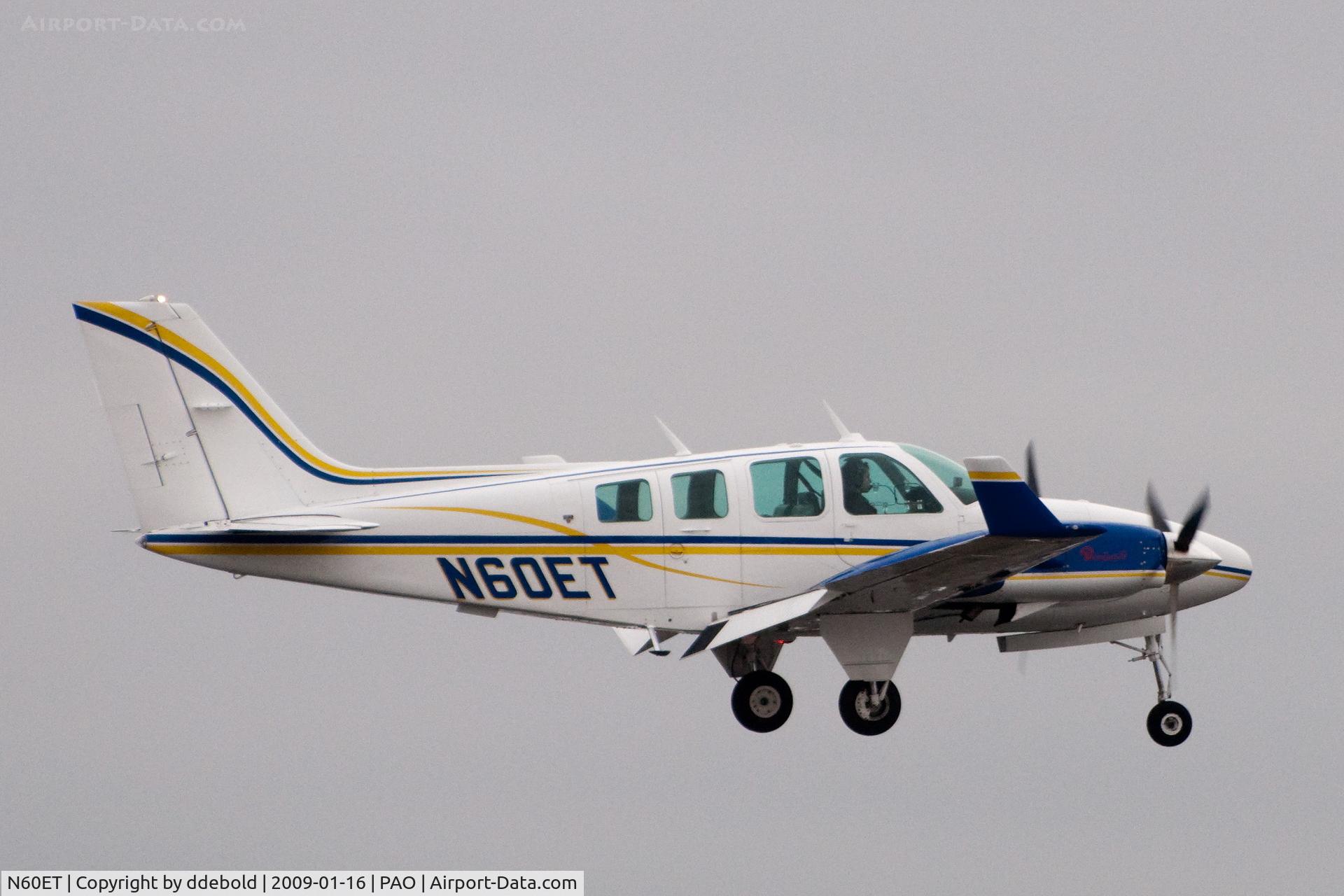 N60ET, 1977 Beech 58TC Baron C/N TK-57, N60ET about to land at Palo Alto Airport