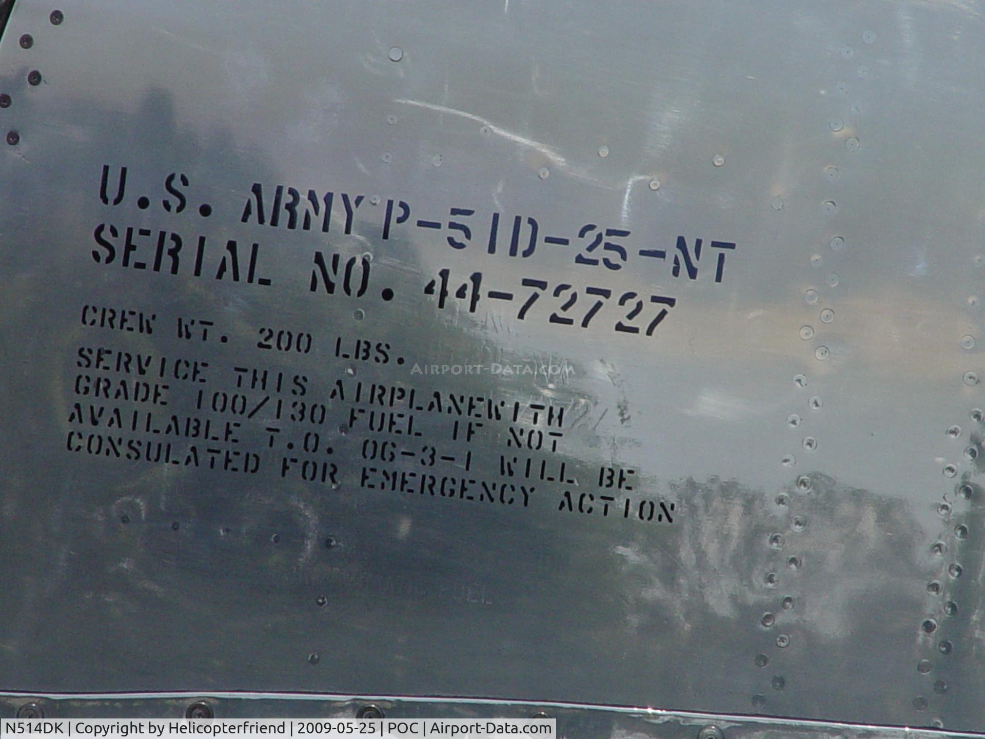 N514DK, 1945 North American P-51D Mustang C/N 45-11558, Information stencilled under cockpit