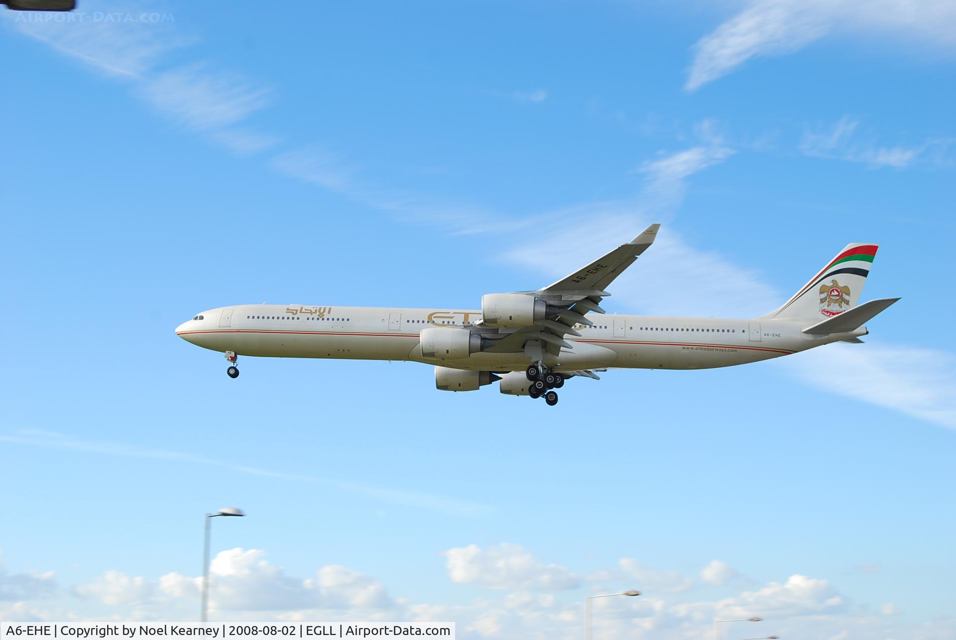 A6-EHE, 2007 Airbus A340-642X C/N 829, Landing Rwy 27R