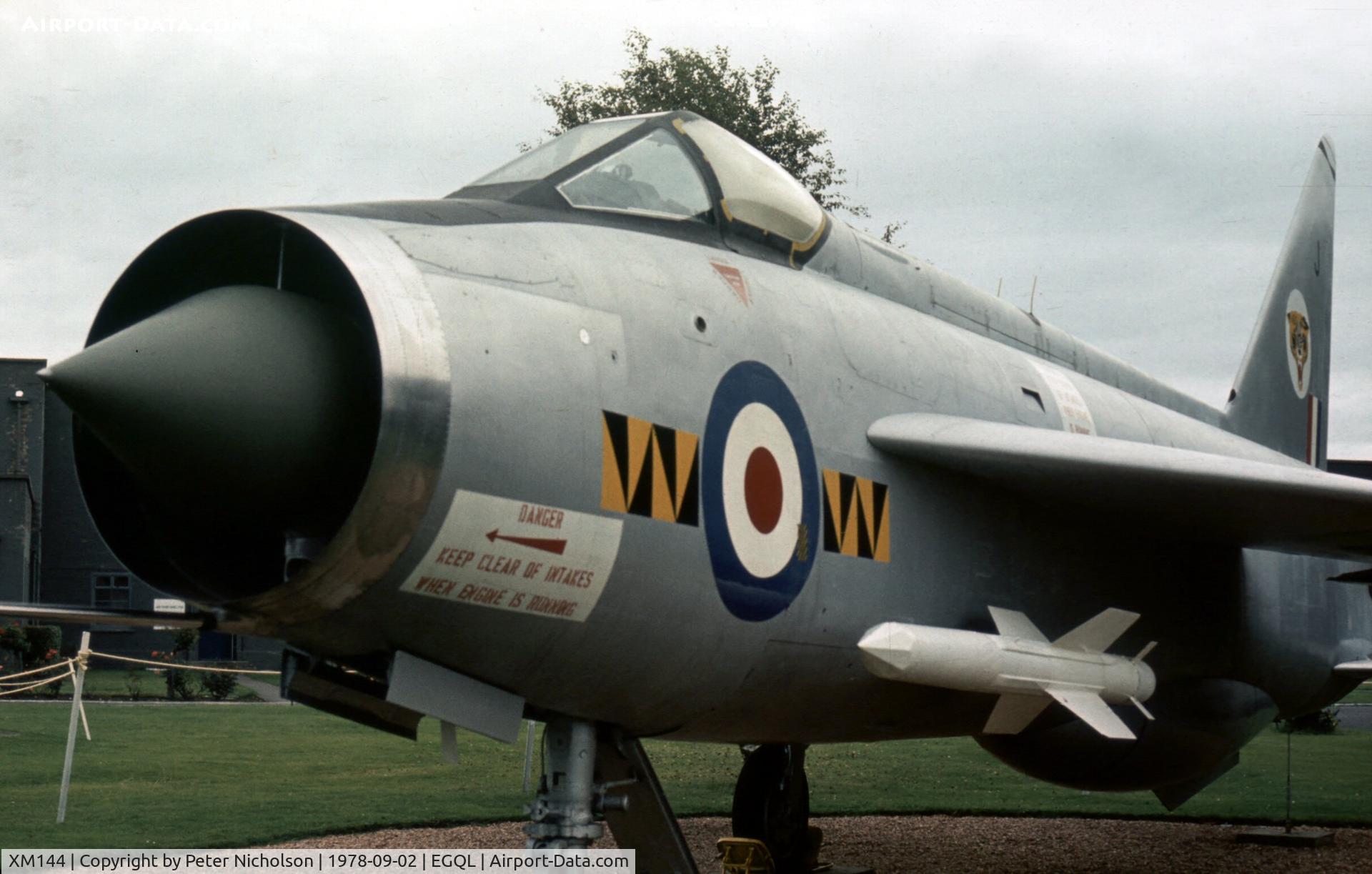 XM144, 1960 English Electric Lightning F.1A C/N 95040, Lightning gate guardian in 74 Squadron markings at the 1978 Leuchars Airshow.