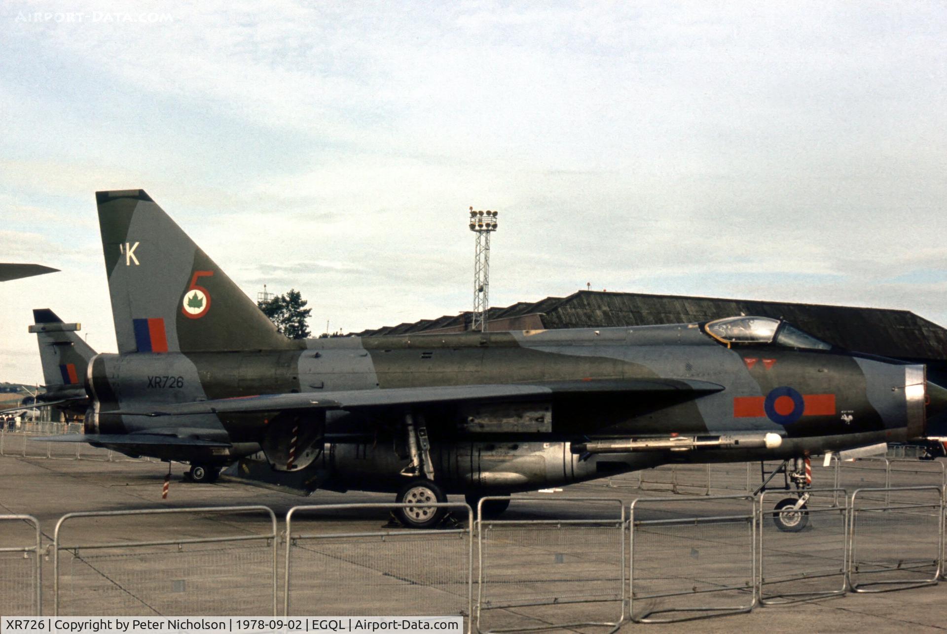 XR726, 1965 English Electric Lightning F.6 C/N 95209, Lightning F.6 of 5 Squadron on display at the 1978 Leuchars Airshow.