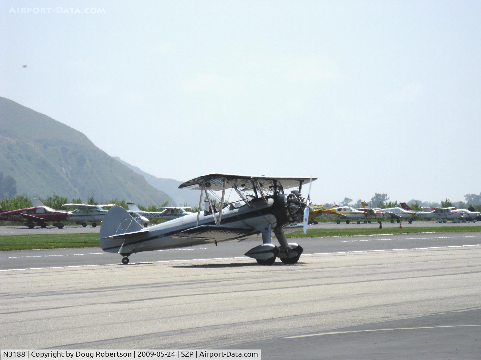 N3188, 1945 Boeing B75N1 C/N 75-2599, 1945 Boeing Stearman N2S-1 as B75N1 ex Steve McQueen, Continental W-670 220 Hp, taxi turn off Rwy 22