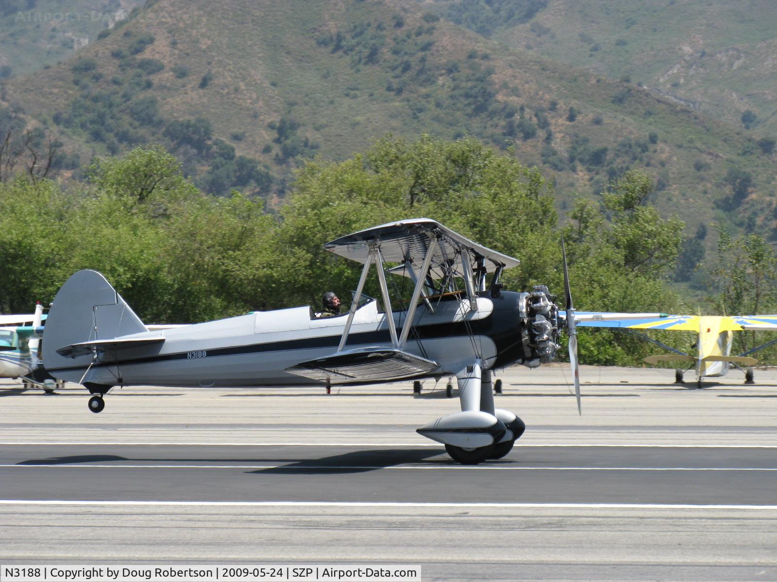 N3188, 1945 Boeing B75N1 C/N 75-2599, 1945 Boeing Stearman N2S-1 as B75N1 ex Steve McQueen, Continental W-670 220 Hp, wheel landing Rwy 22