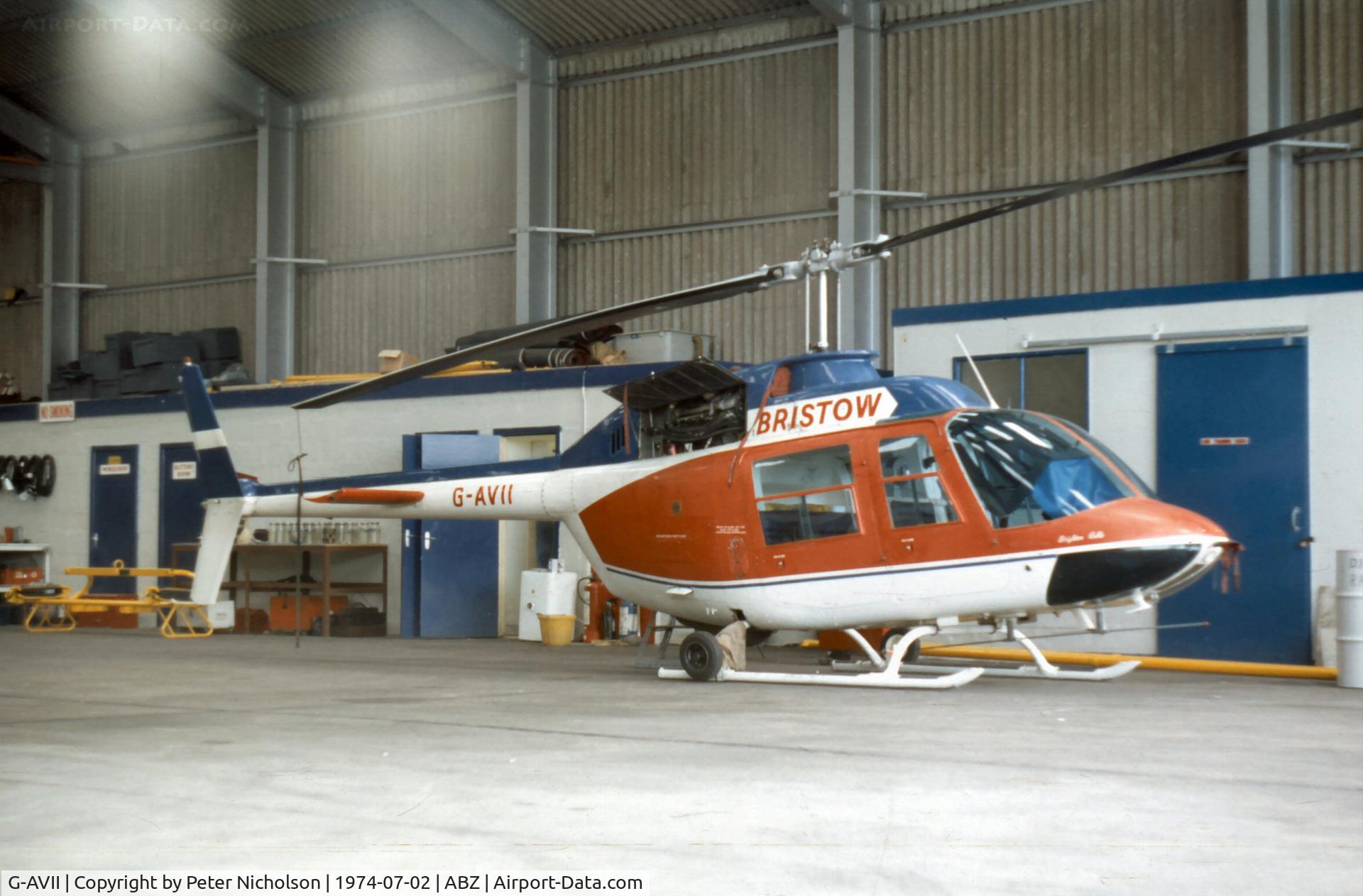 G-AVII, 1967 Agusta AB-206B JetRanger II C/N 8011, JetRanger of Bristow Helicopters Ltd at Aberdeen in the Summer of 1974.