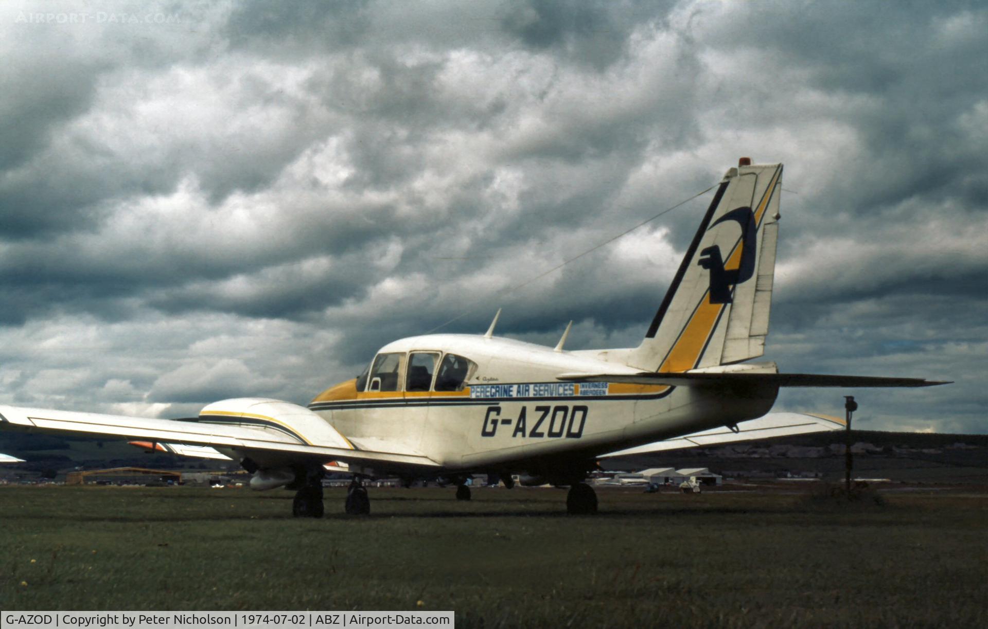 G-AZOD, 1969 Piper PA-23-250 Aztec D C/N 27-4344, PA-23 Aztec of Peregrine Air Services at Aberdeen in the Summer of 1974.