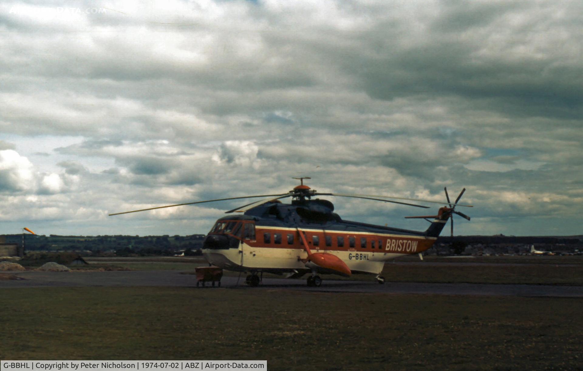 G-BBHL, 1973 Sikorsky S-61N C/N 61712, S-61N of Bristow Helicopters Limited at Aberdeen in the Summer of 1974.