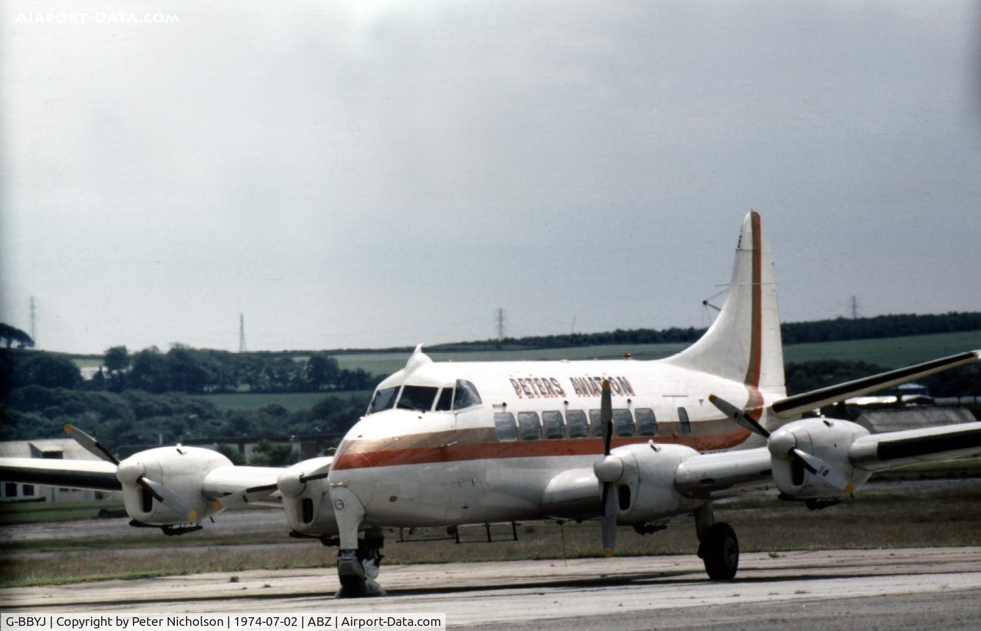 G-BBYJ, 1959 De Havilland DH-114 Heron 2D C/N 14134, Heron 2D of Peters Aviation at Aberdeen in the Summer of 1974.