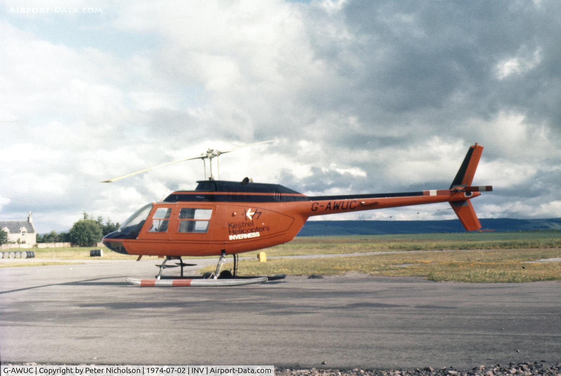 G-AWUC, 1968 Bell 206A JetRanger C/N 323, Bell JetRanger of Kestrel Helicopters at Inverness in the Summer of 1974.