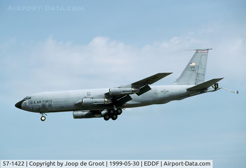 57-1422, 1958 Boeing KC-135E Stratotanker C/N 17493, 63 ARS. One of the many KC-135's operating out off Frankfurt during the Allied Force operations over the Balkans. This one is fitted with the basket of the hose-and-drogue system.