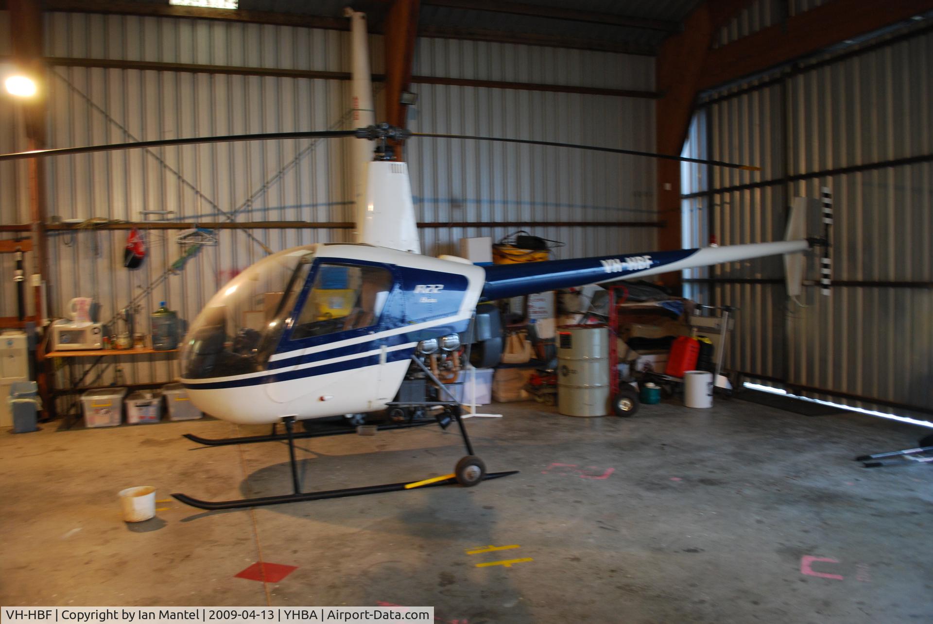 VH-HBF, 1986 Robinson R22 Beta C/N 0604, VH-HBF in hanger